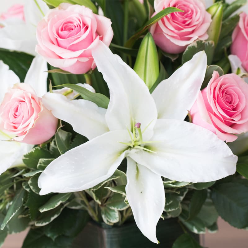 A truly gorgeous piece featuring stargazer lilies and premium roses, this has