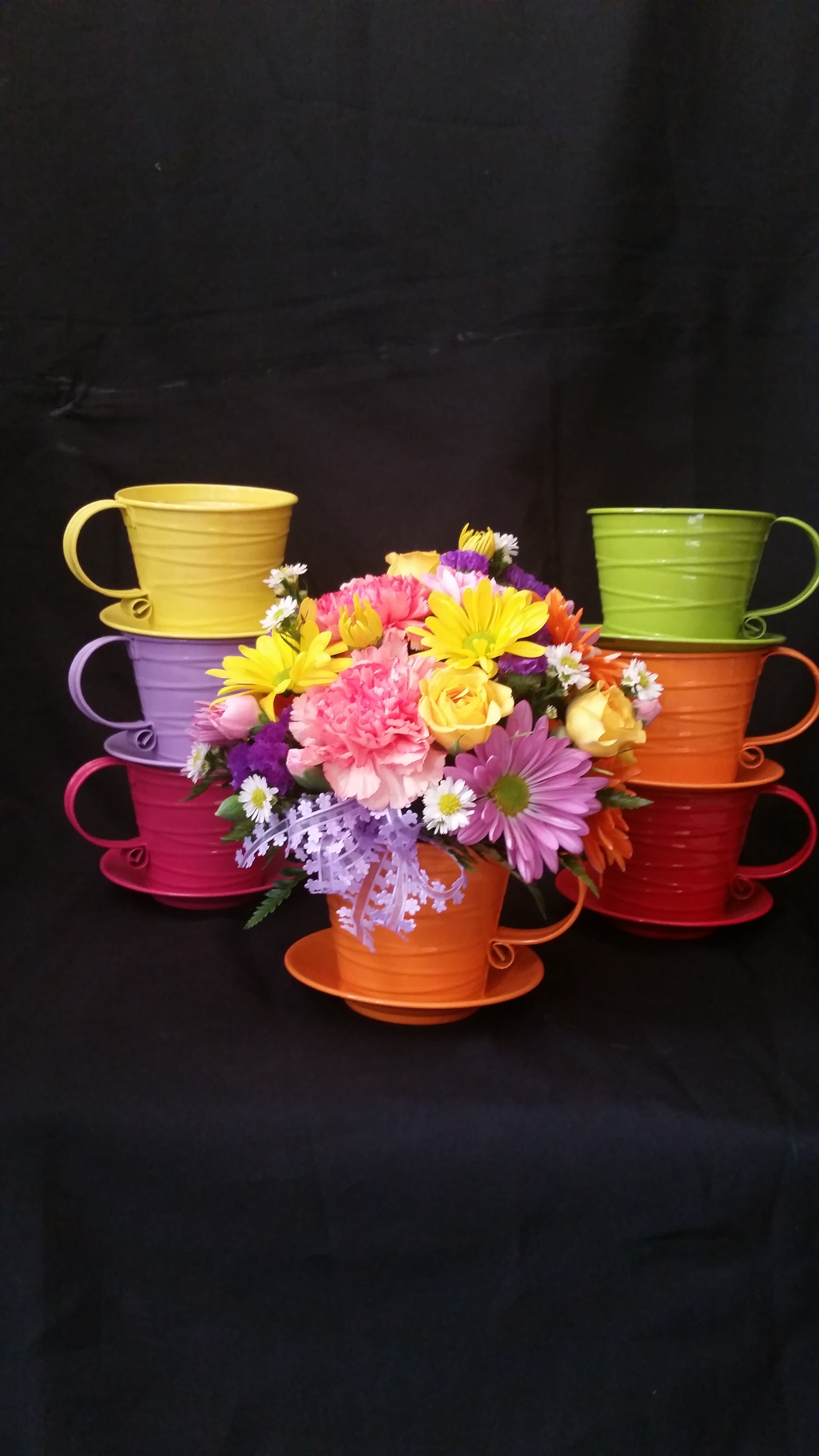 Colorful Tin Tea Cup in Harrison, MI Country Flowers and More