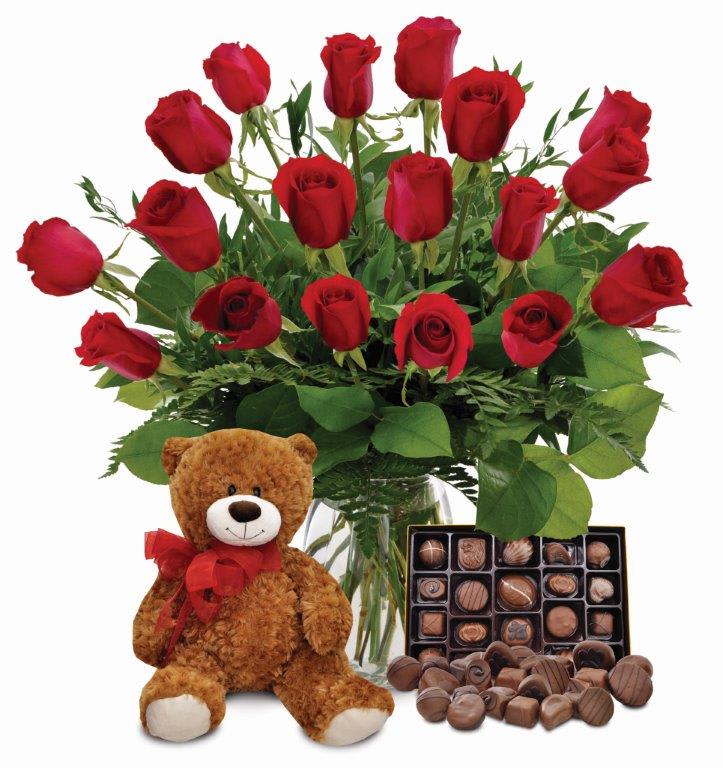 teddy bear with roses and chocolates