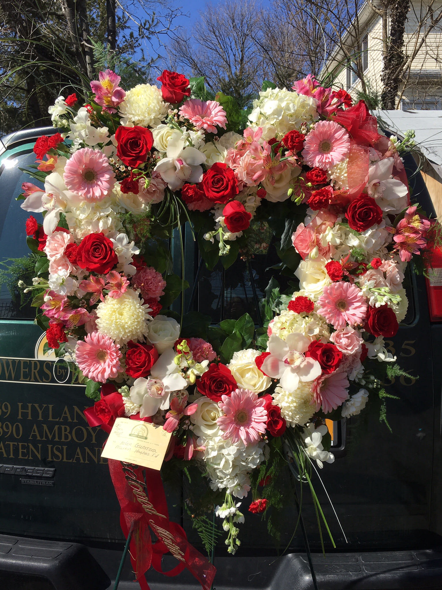 Open Heart Wreath Pink White And Red In Staten Island Ny