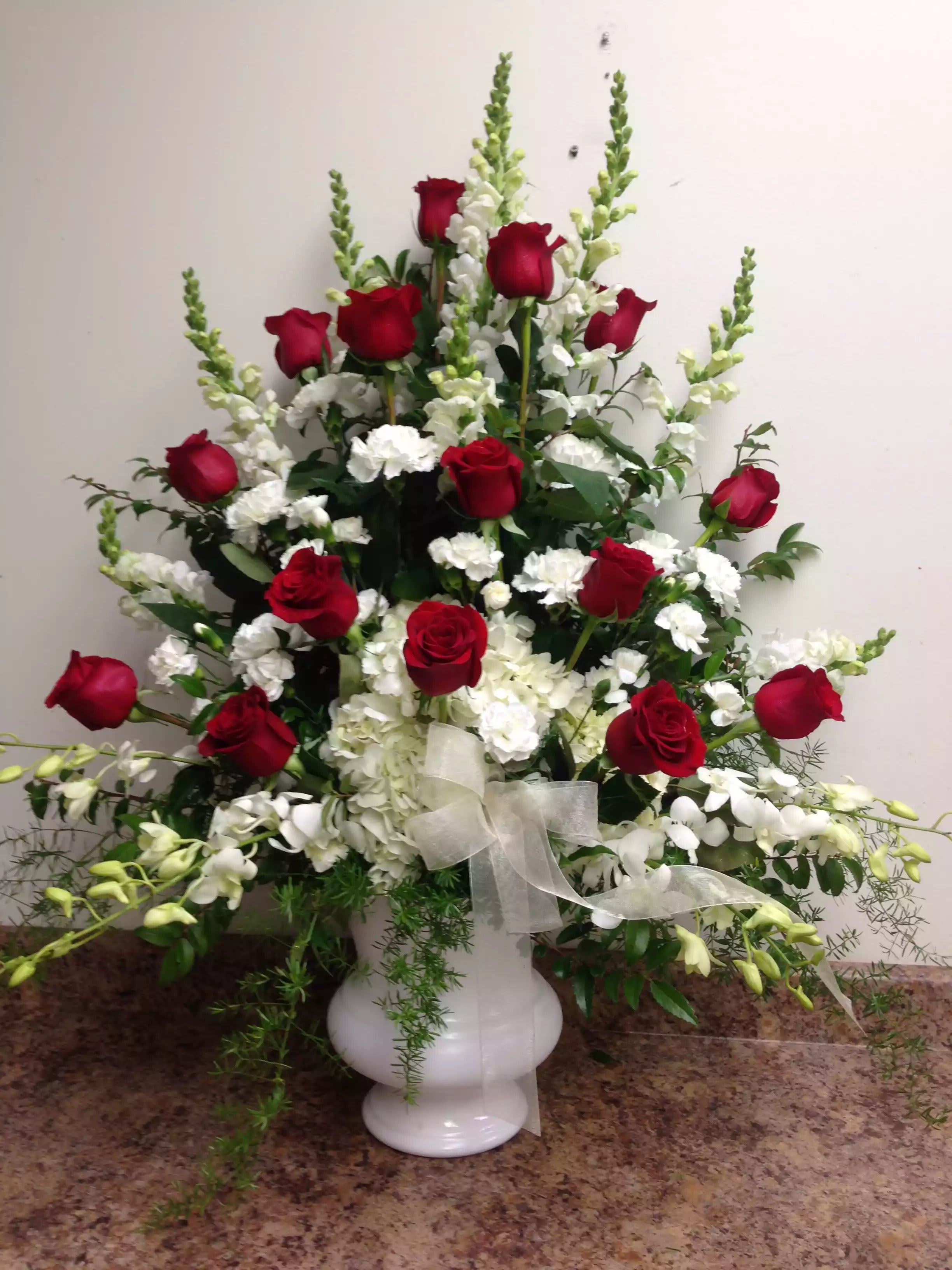 Classic White and Red Urn in Peabody, MA Maria's Flowers & Gifts