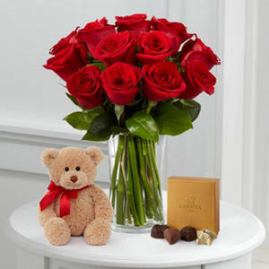 1 Dozen Long Stem Red Roses With Bear Chocolate Vase