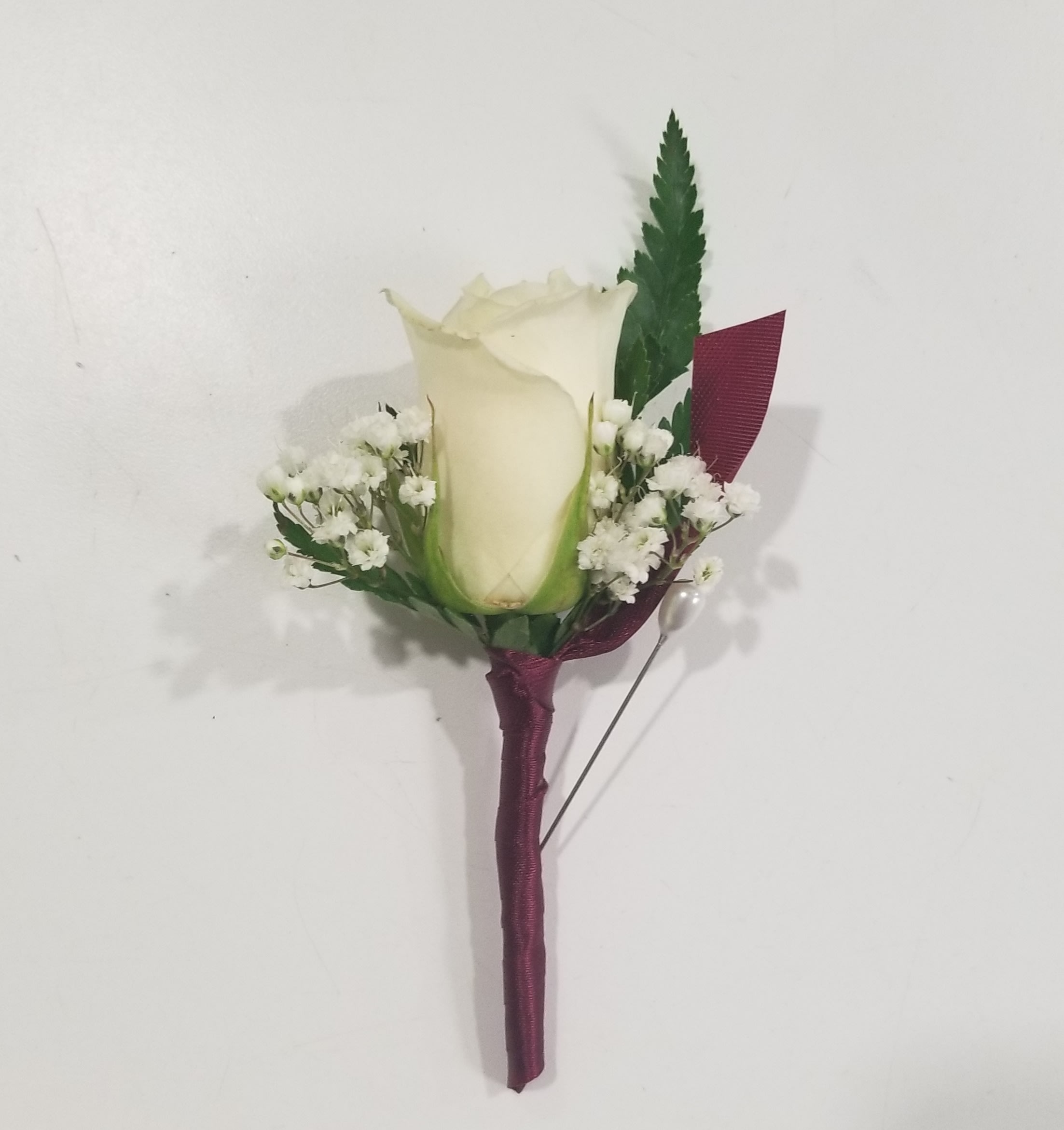 White Rose With Burgundy Wrap Boutonniere In Philadelphia Pa Philadelphia Flower Market