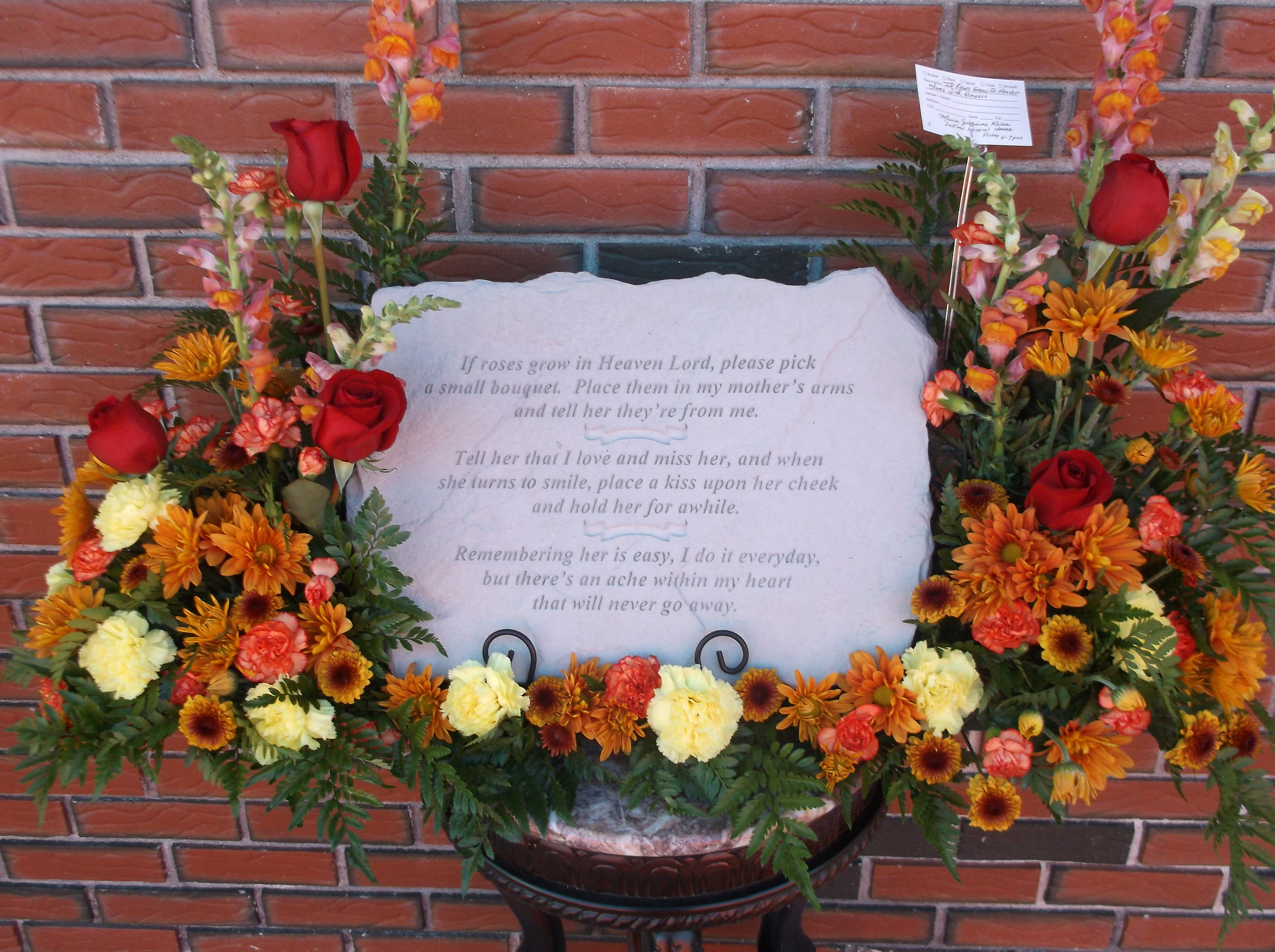 Memorial Stone with Stand If Roses Grow In Heaven Mother in Ludlow