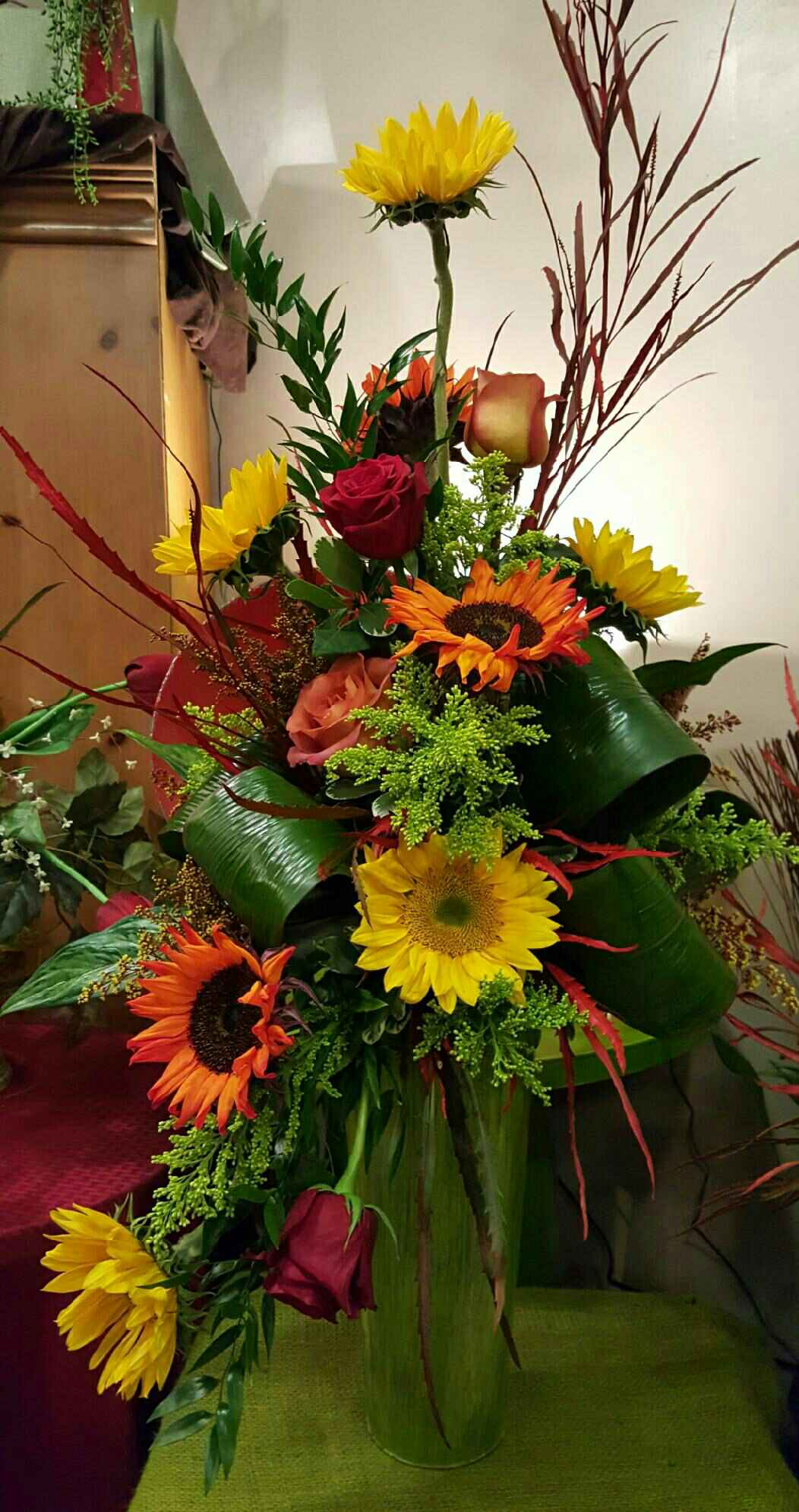 Autumn Flowers Beautiful Fall Arrangment Of Yellow And Orange Sunflowers Roses Etc In Tall 3581