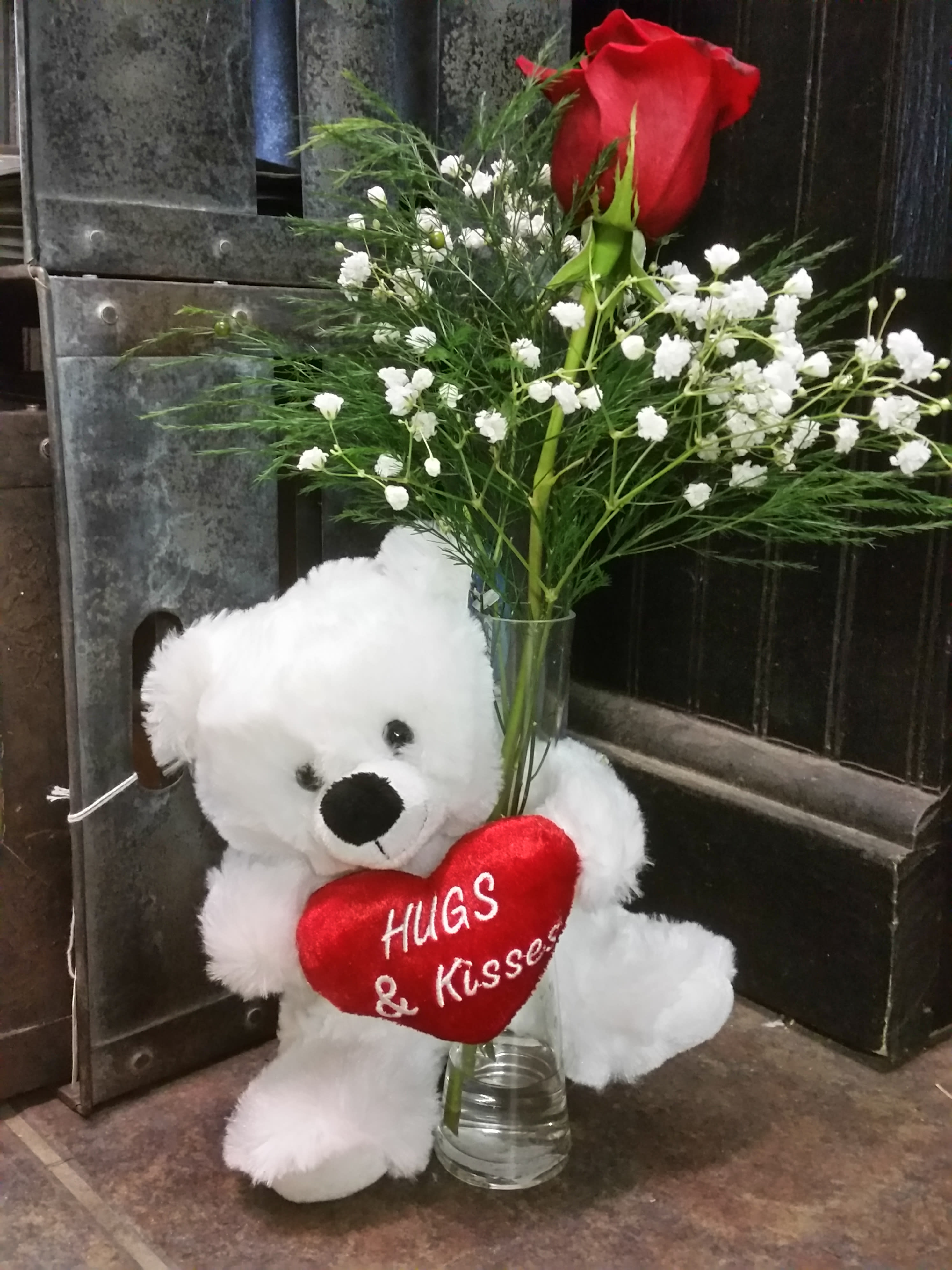 Hugs & Kisses Single Rose Teddy Bear in Cottleville, MO | The Potted Plant