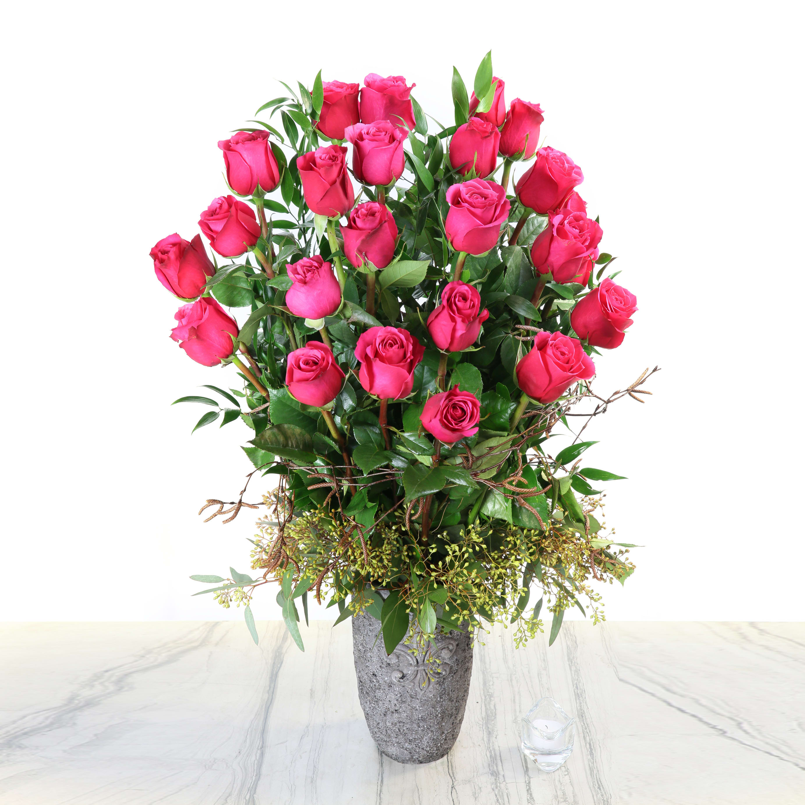 24 Long Stem Pink Roses With A Container In Beverly Hills Ca My Beverly Hills Florist
