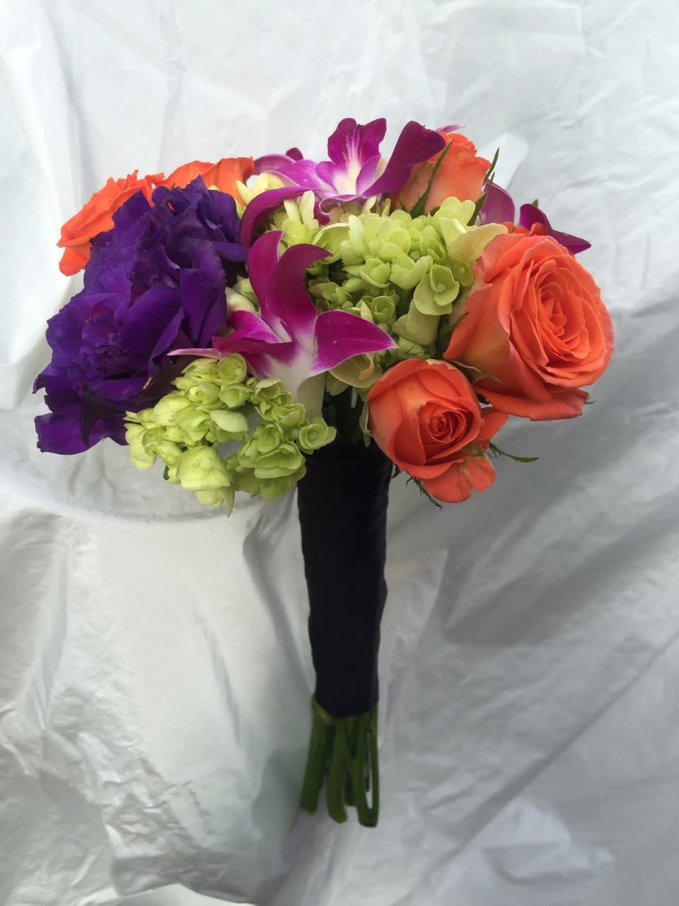 Hand Tied Prom Bouquet Purplesorange With Black Wrap In Glenside Pa Coupe Flowers Inc