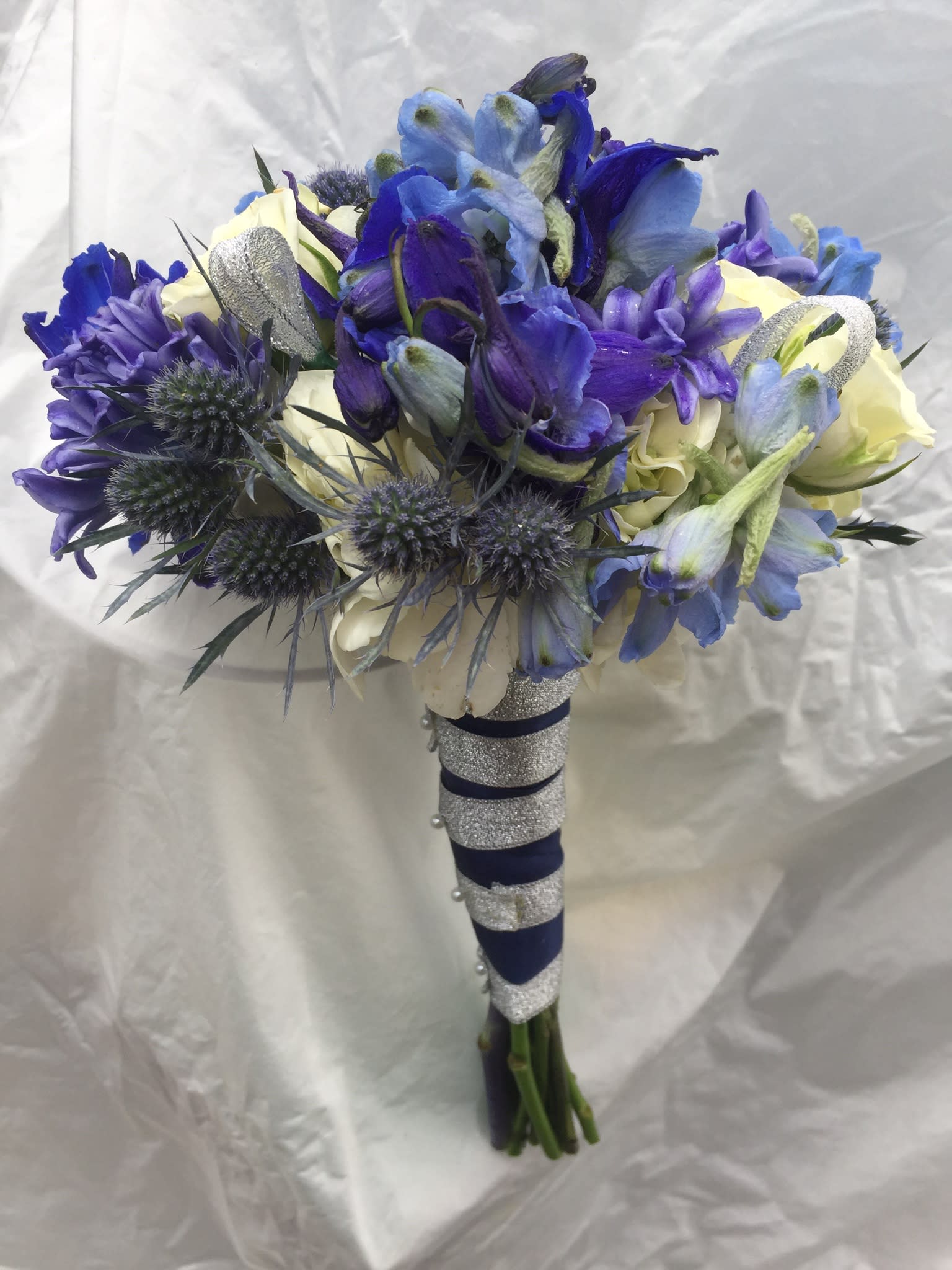 Hand Tied Prom Bouquet (shades of blue with dark and light blue wrap Prom Bouquet For Light Blue Dress