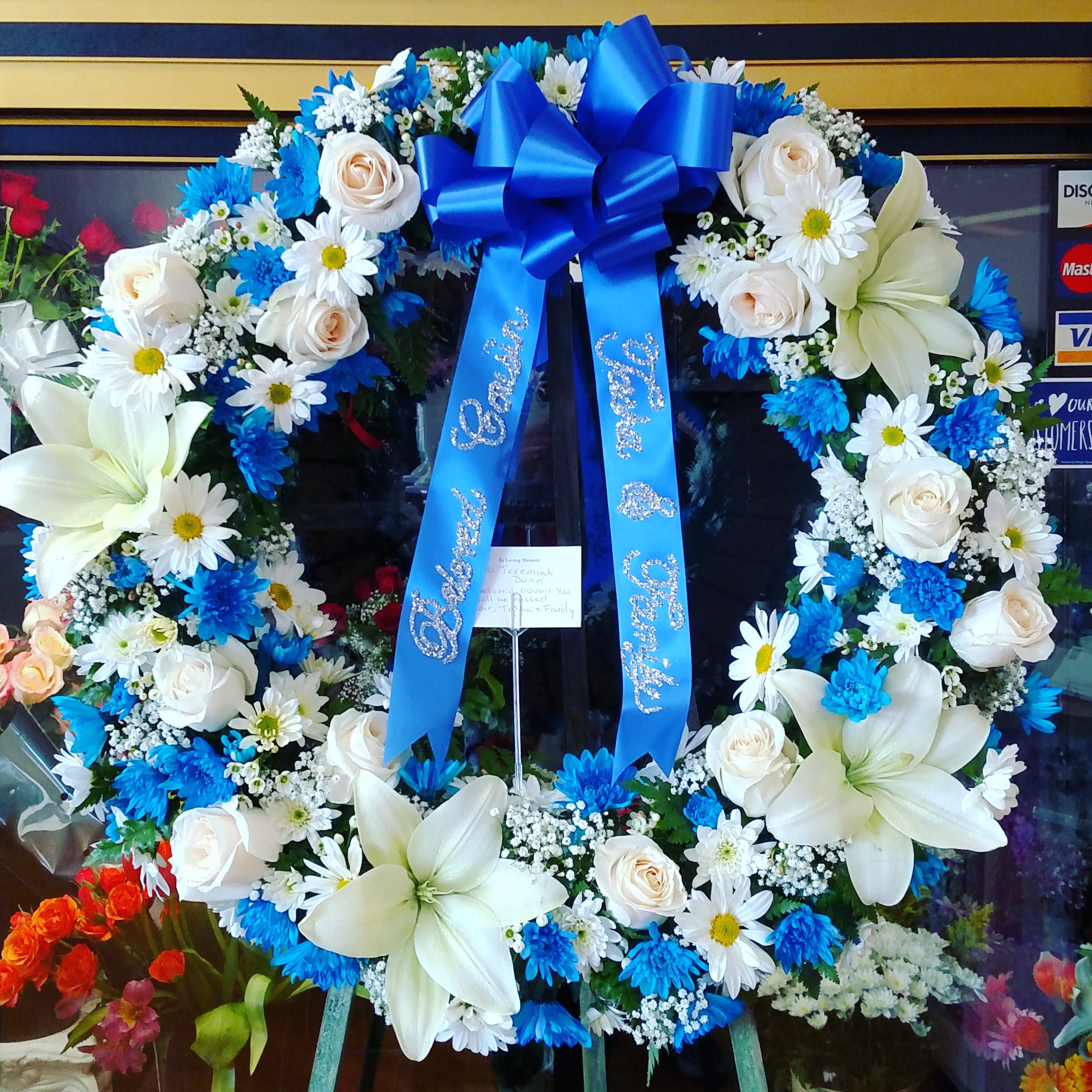 Blue And White Sympathy Wreath In Downey Ca Chita S Floral