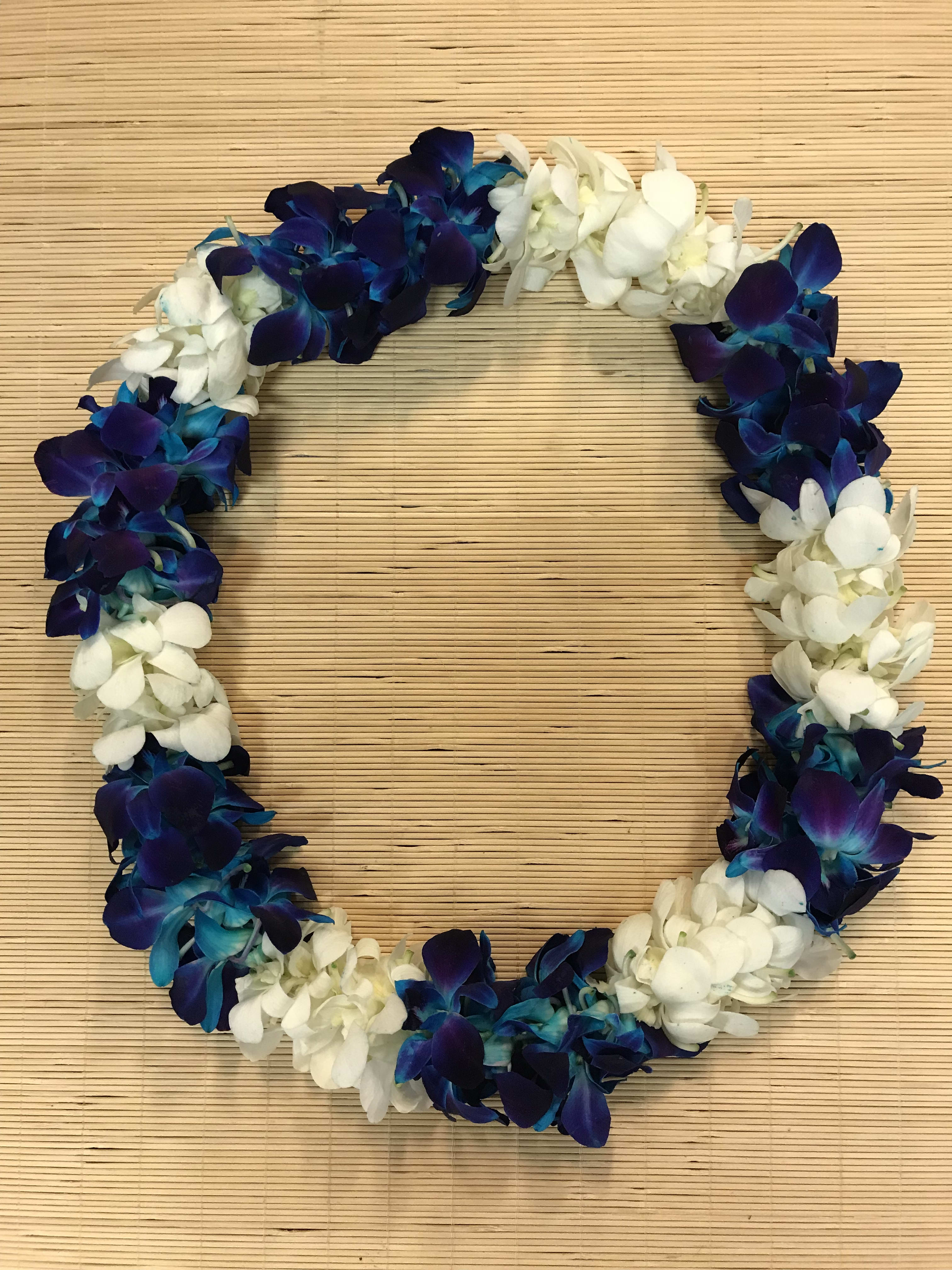 Blue and white orchid lei in Richmond, CA Park Florist