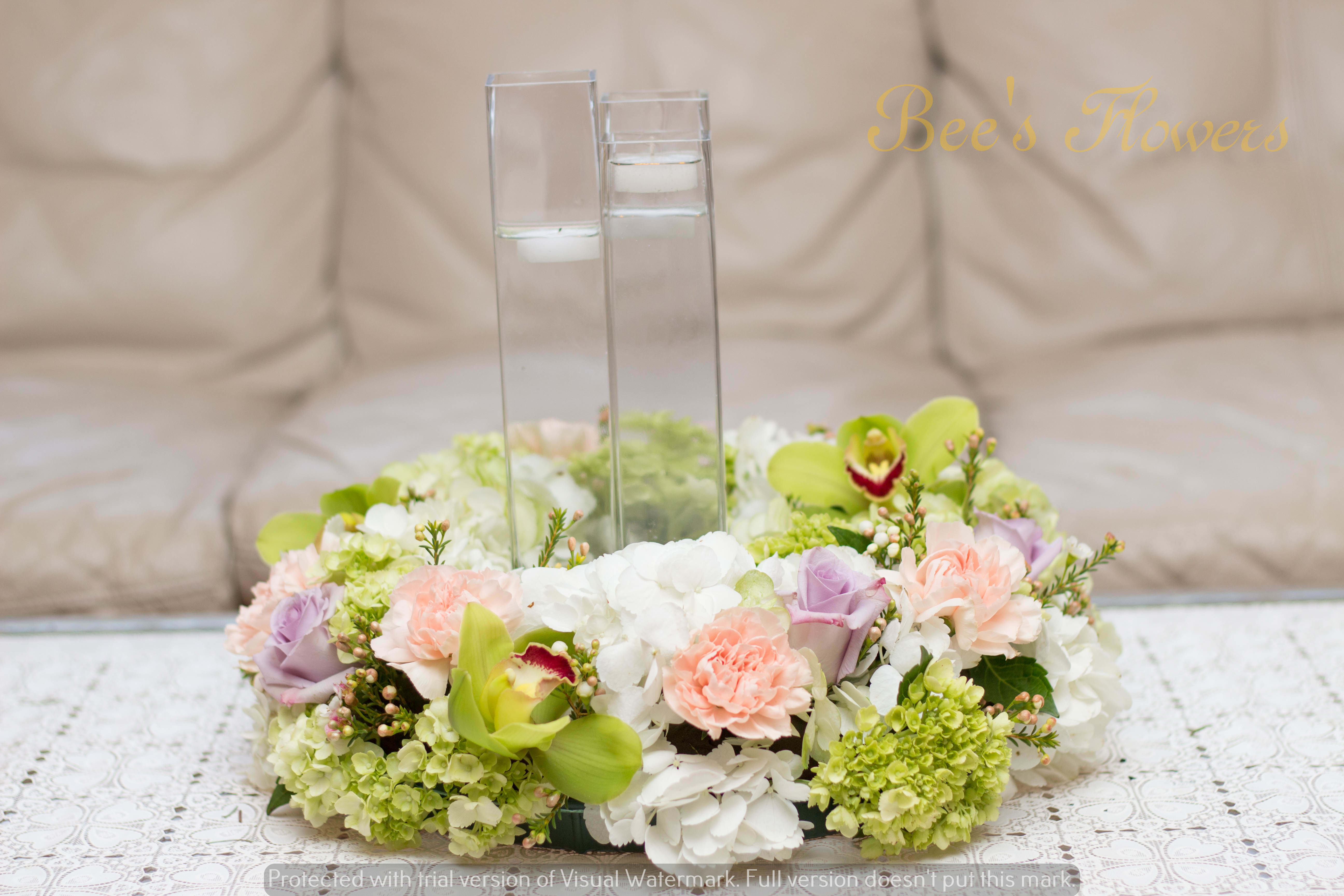 Flat Round Table Centerpiece In San Jose Ca Bee S Flowers Flat Round Table Centerpiece
