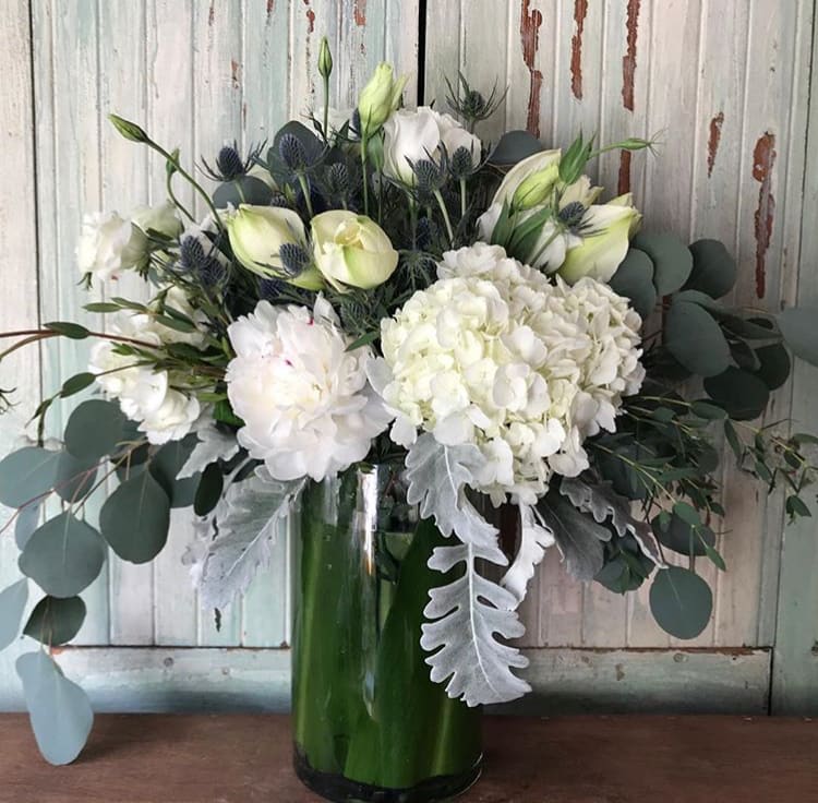 White Hydrangea, white roses, blue erigum, white amarialys, dusty ...