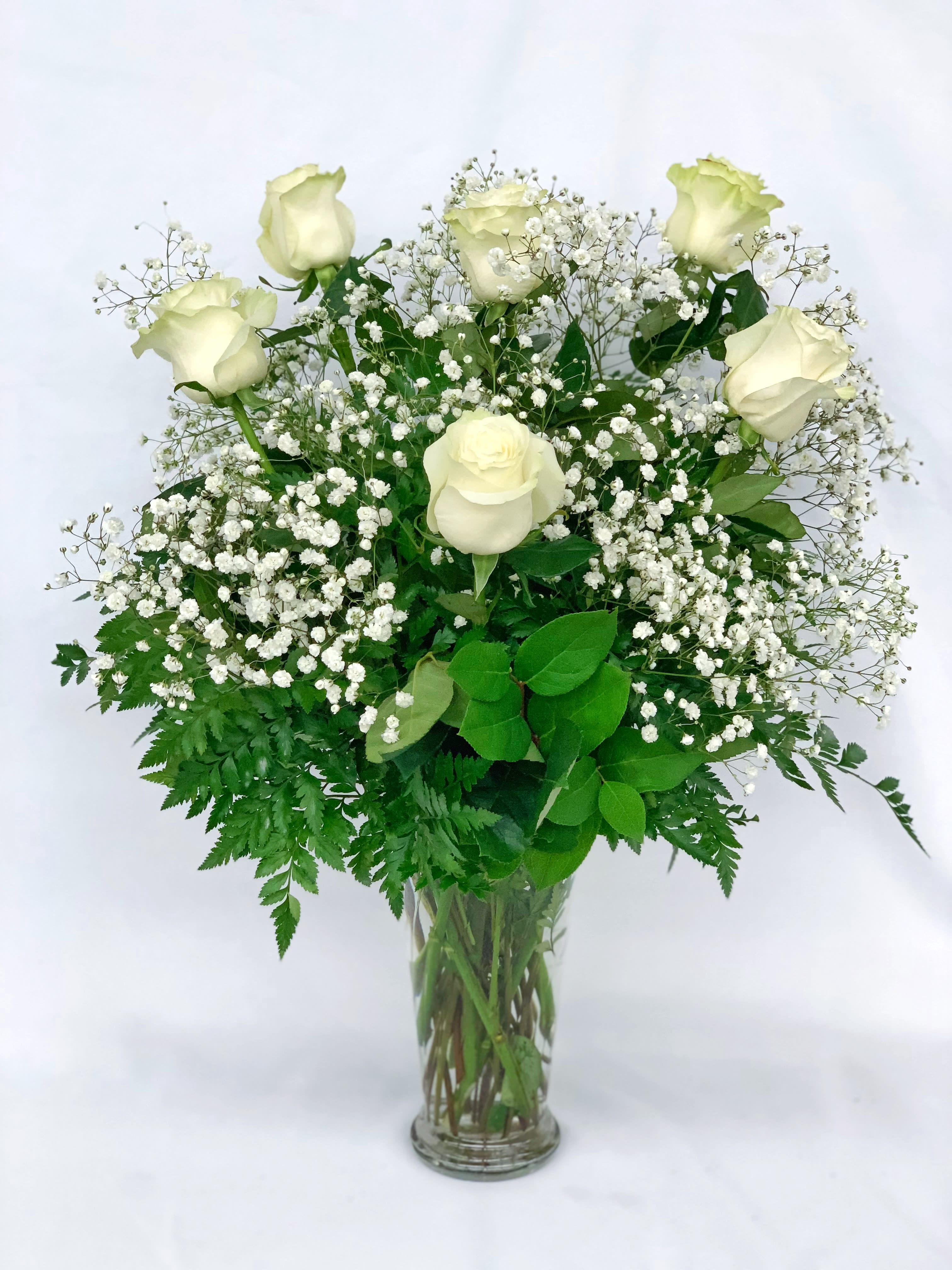 Half Dozen Medium Stem White Roses By Springdale Florist