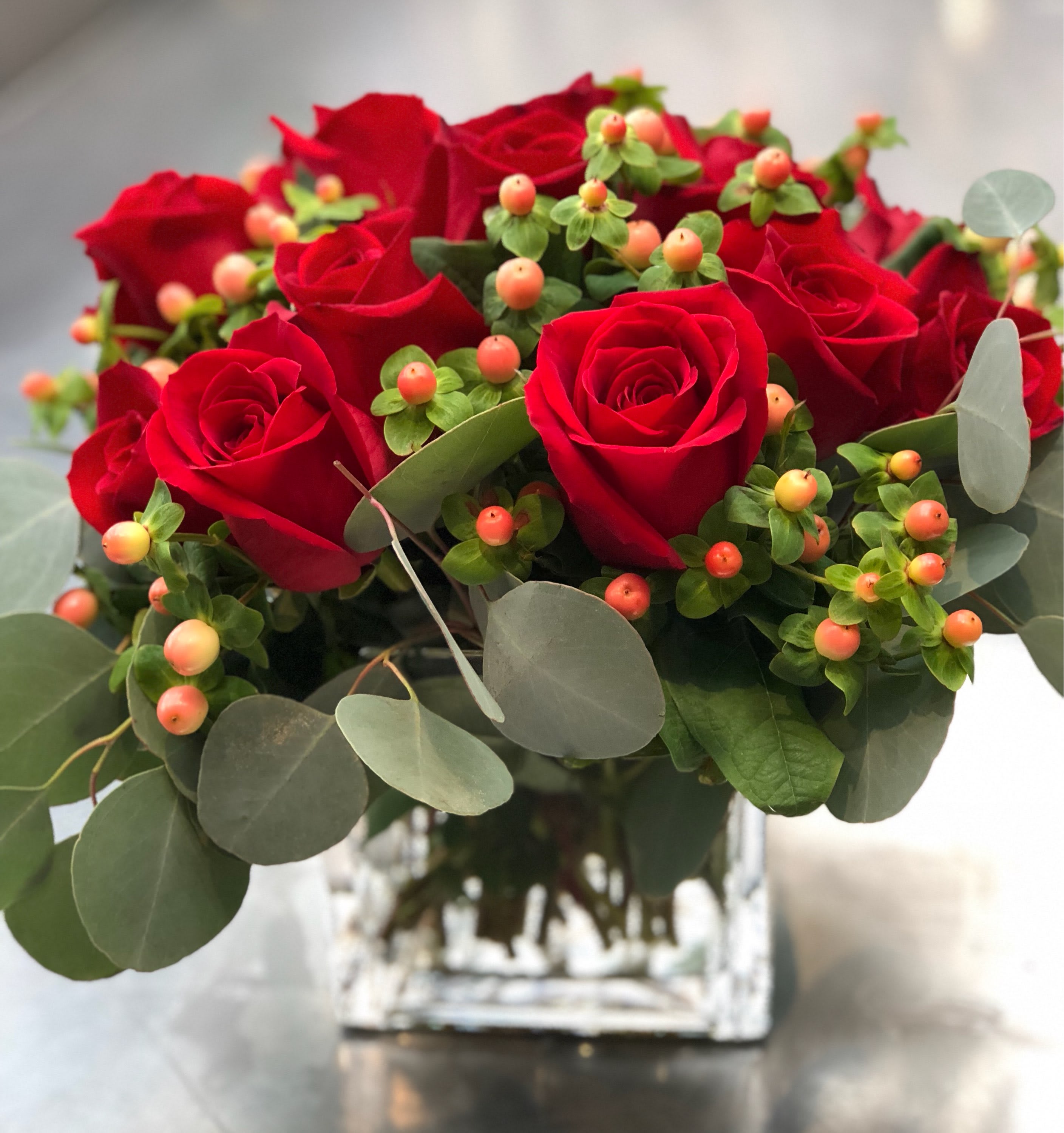 Rose, Hypericum & Eucalyptus Arrangement in Watertown, MA Russo's