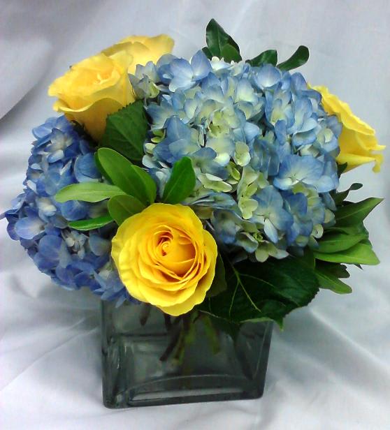 Blue Hydrangea And Yellow Rose Bouquet