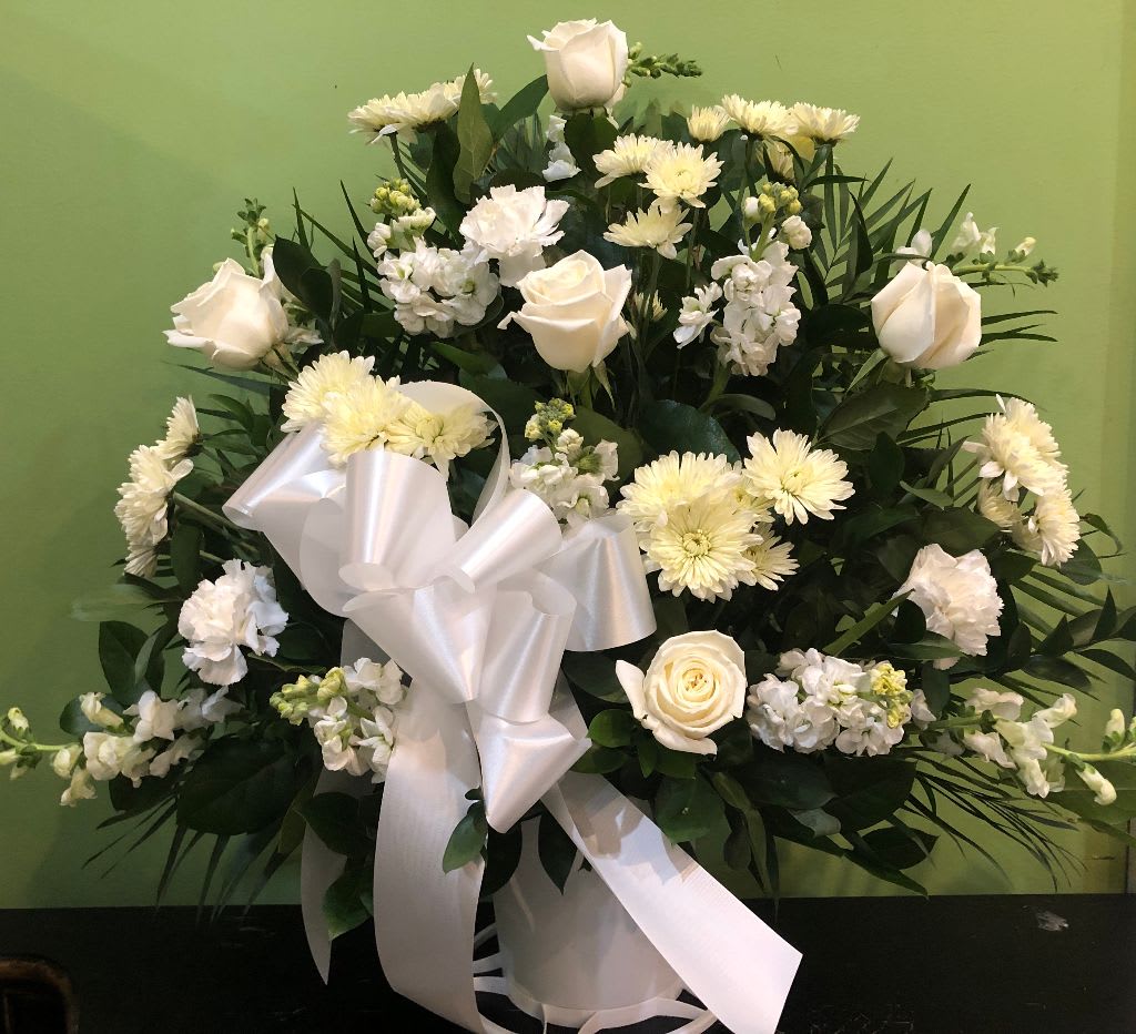 White Funeral Basket in Montchanin, DE Petals Flowers and Fine Gifts