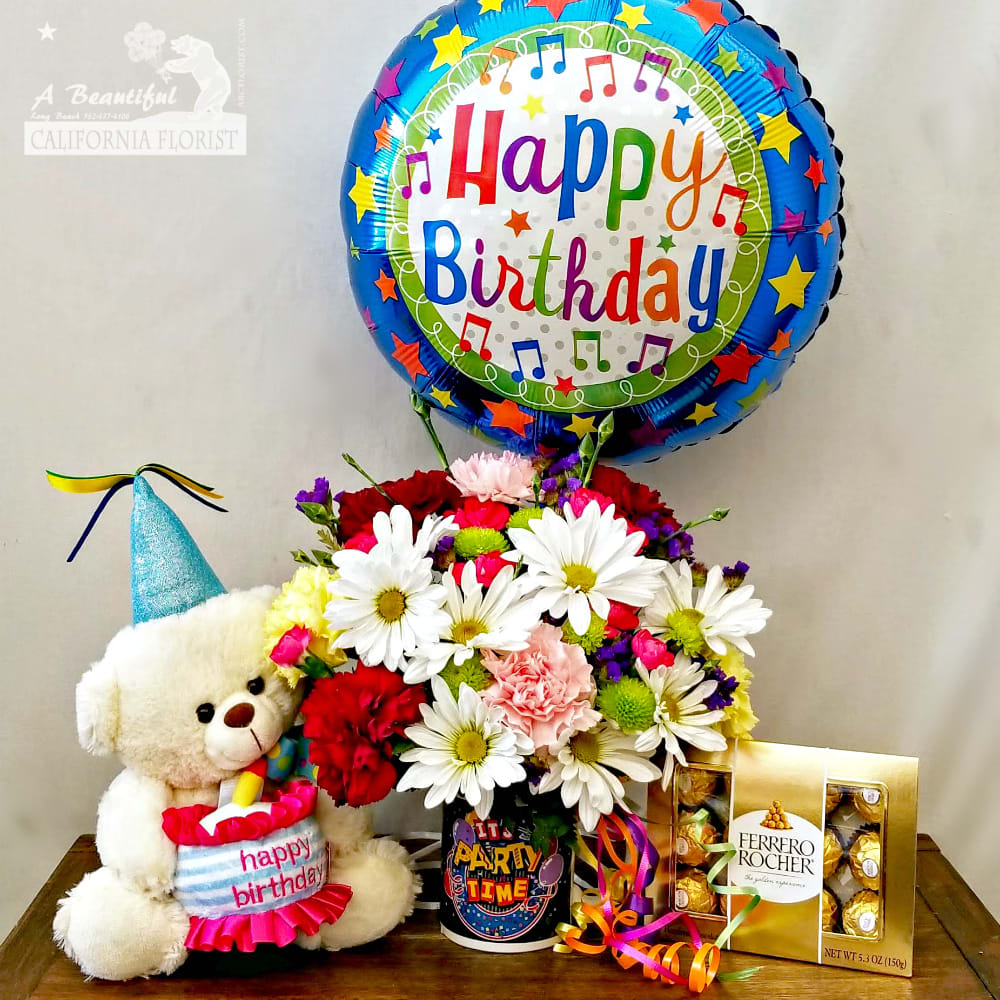  Happy  Birthday  Combo Flowers  Bear Chocolates and 