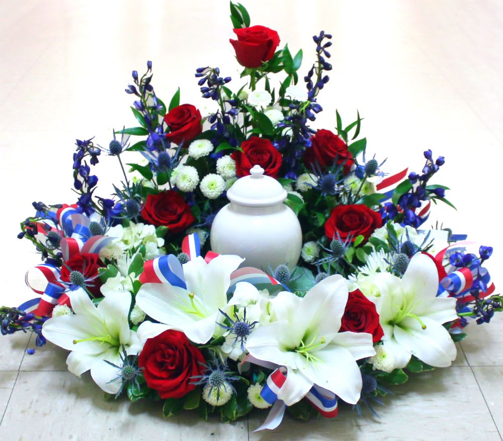 Red White And Blue Cremation Urn Wreath In Arlington Va Arlington Cemetery Flowers By Twin Towers Florist