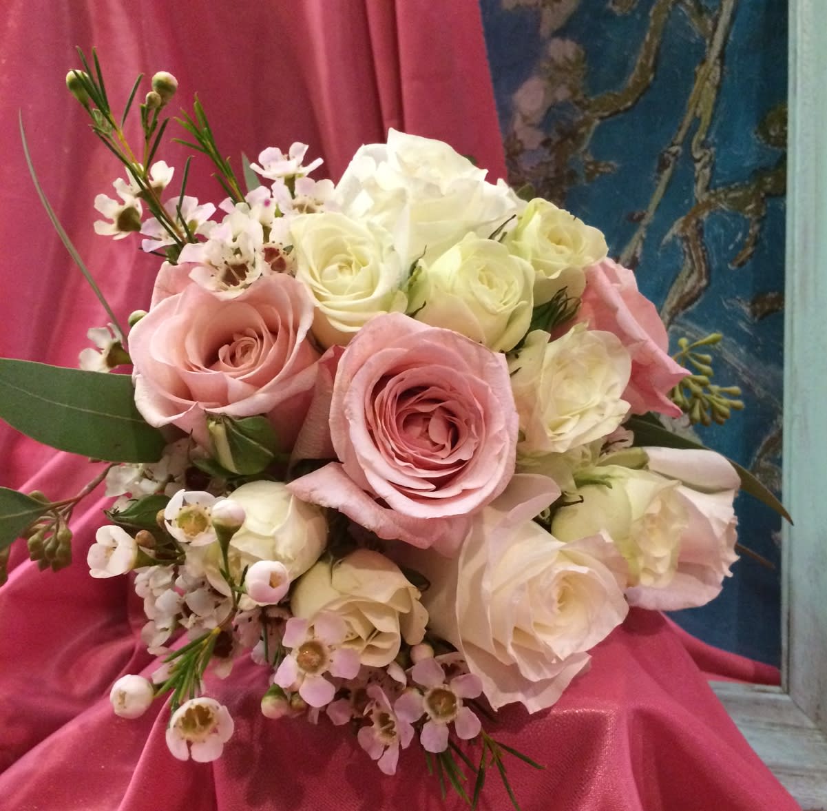 Pink white rose hand held bouquet in kenosha wi summers garden