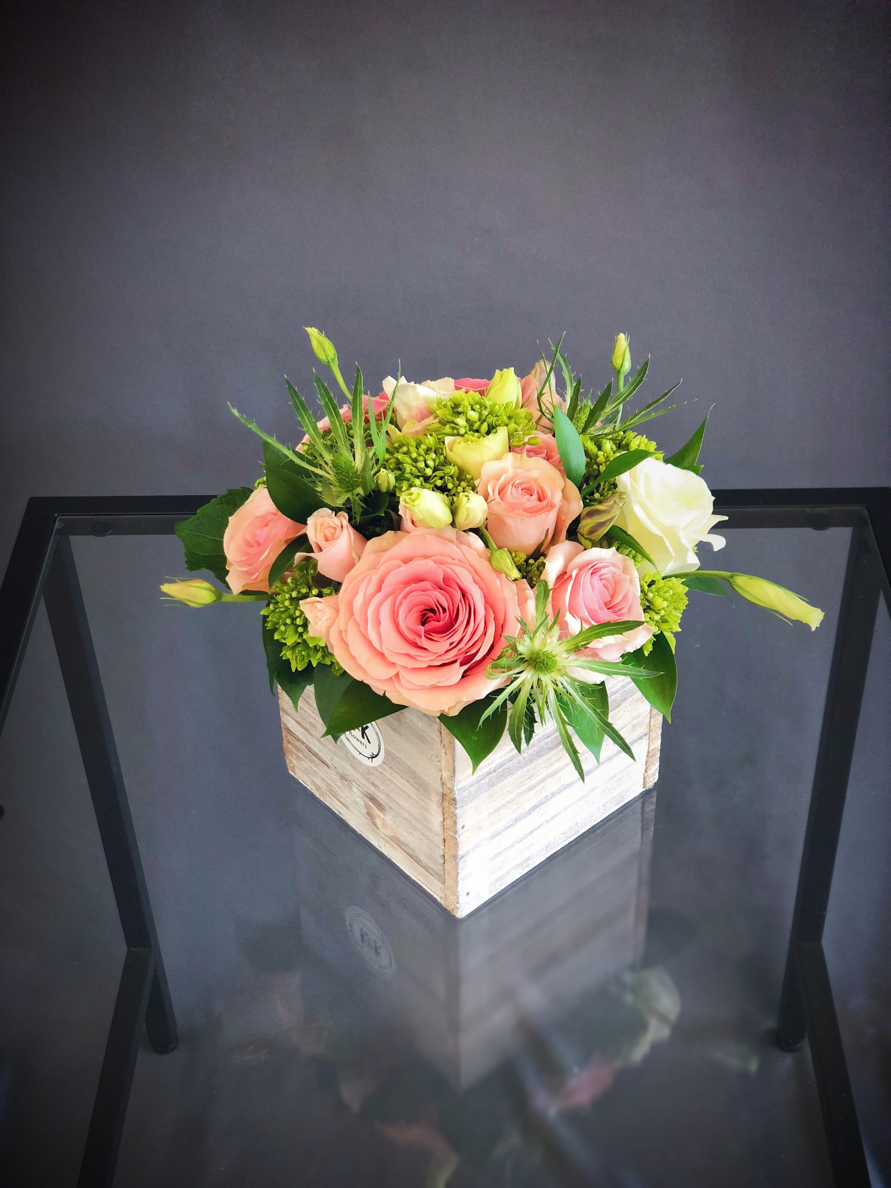 #14 - Pink & Green Wood Box Arrangement Small in Hallandale Beach, FL | K&K Flowers