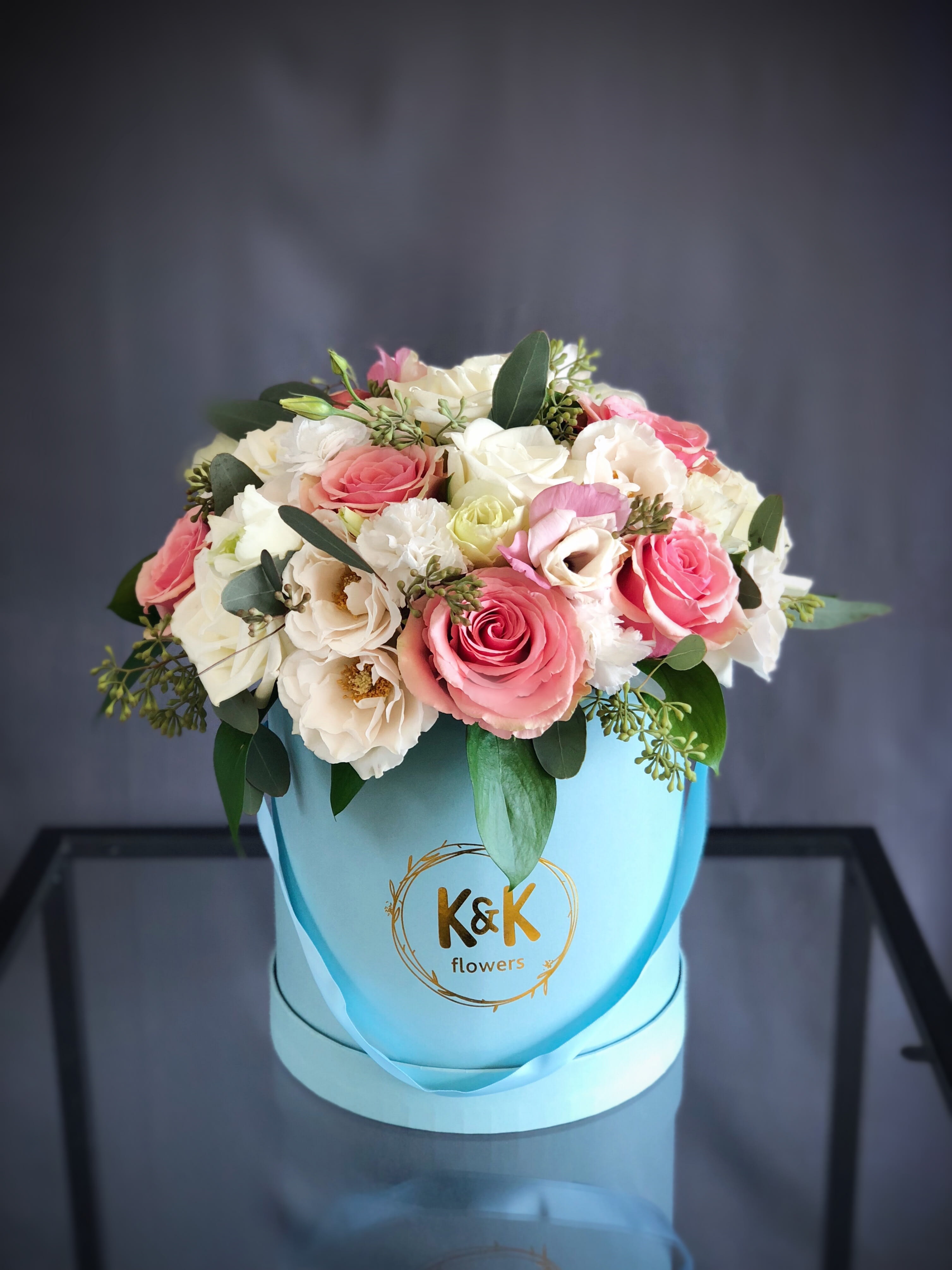 83 Blue hat box arrangement White & Pink large in Hallandale Beach