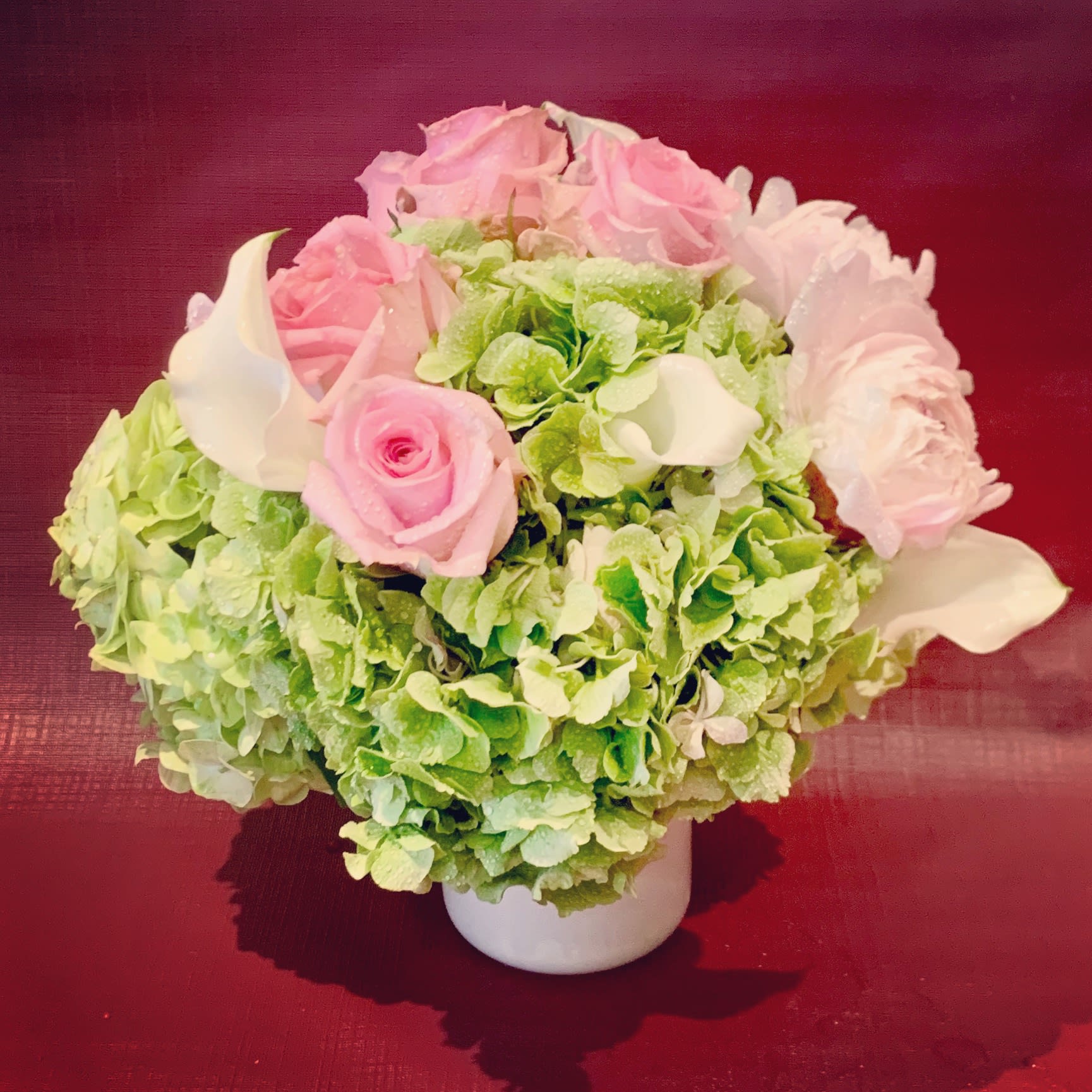 Custom Arrangement of Green Hydrangea, white calla lilies, pink ...