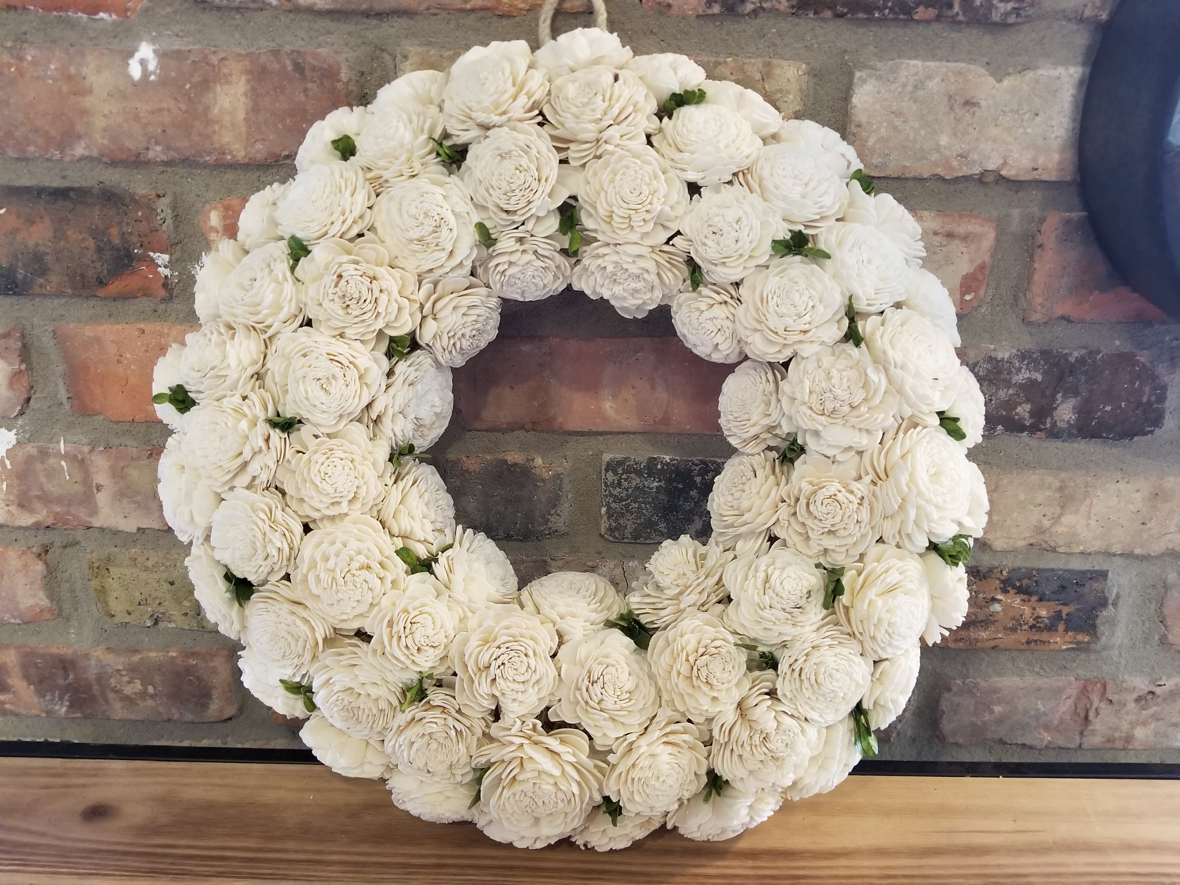 MinneSola Wooden Flower Wreath Solid White Flowers in Wayzata, MN