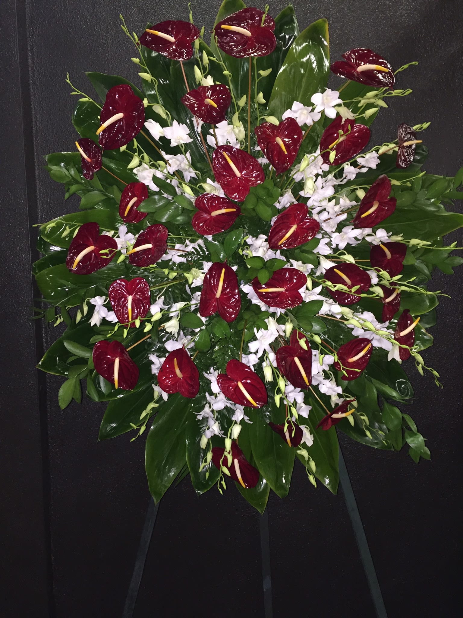 Red Anthurium and White Orchid Spray Wreath F175W02 in Honolulu, HI