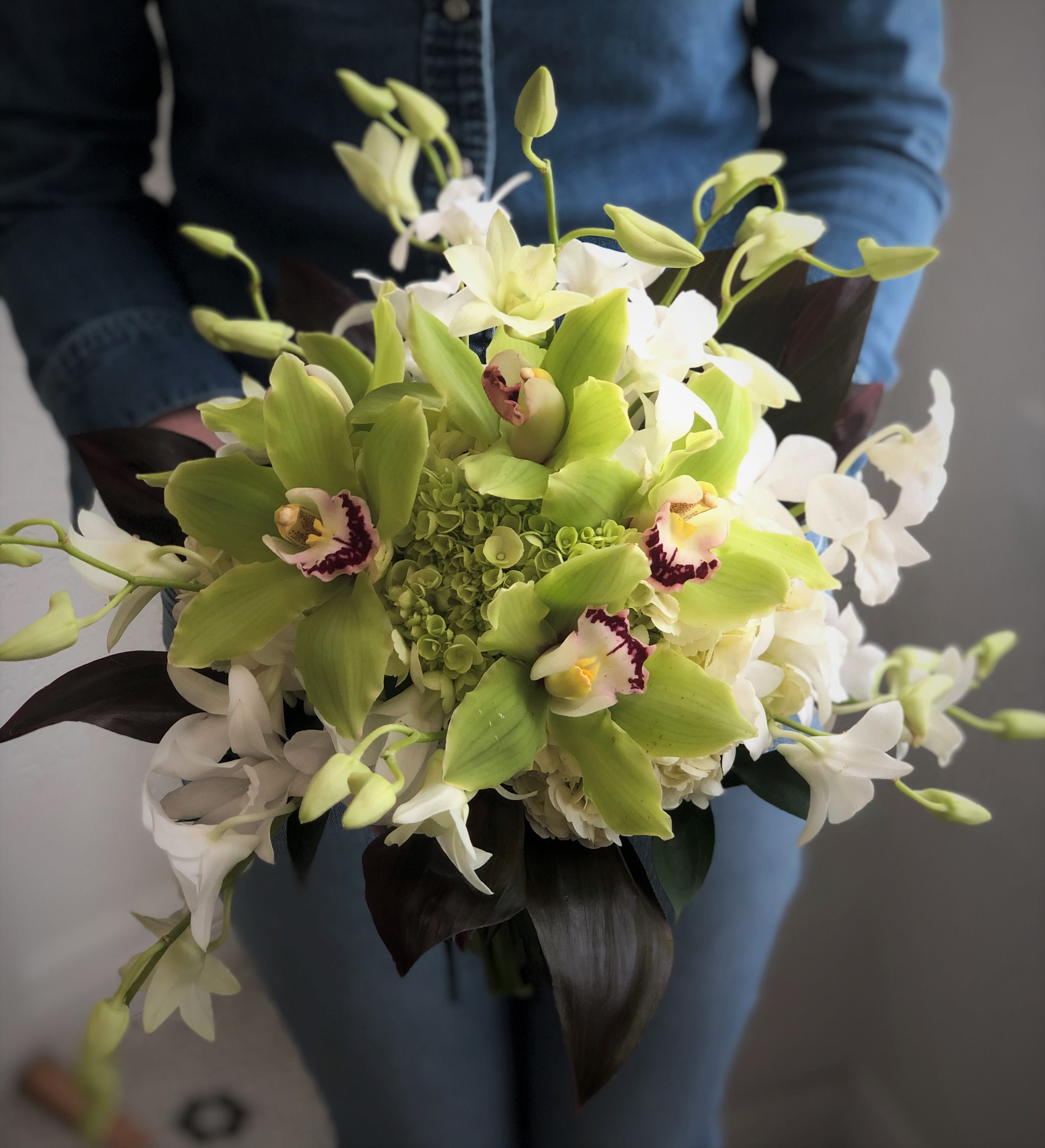 Green Cymbidium White Dendrobium Orchid Hand Tied Bridal