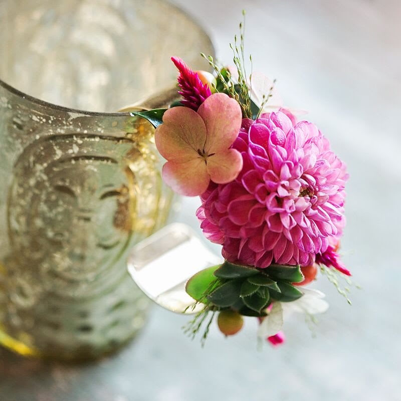 Pink Dahlia Botanical Corsage On A 3 4 Gold Cuff In Lebanon Oh Flowers From The Rafters