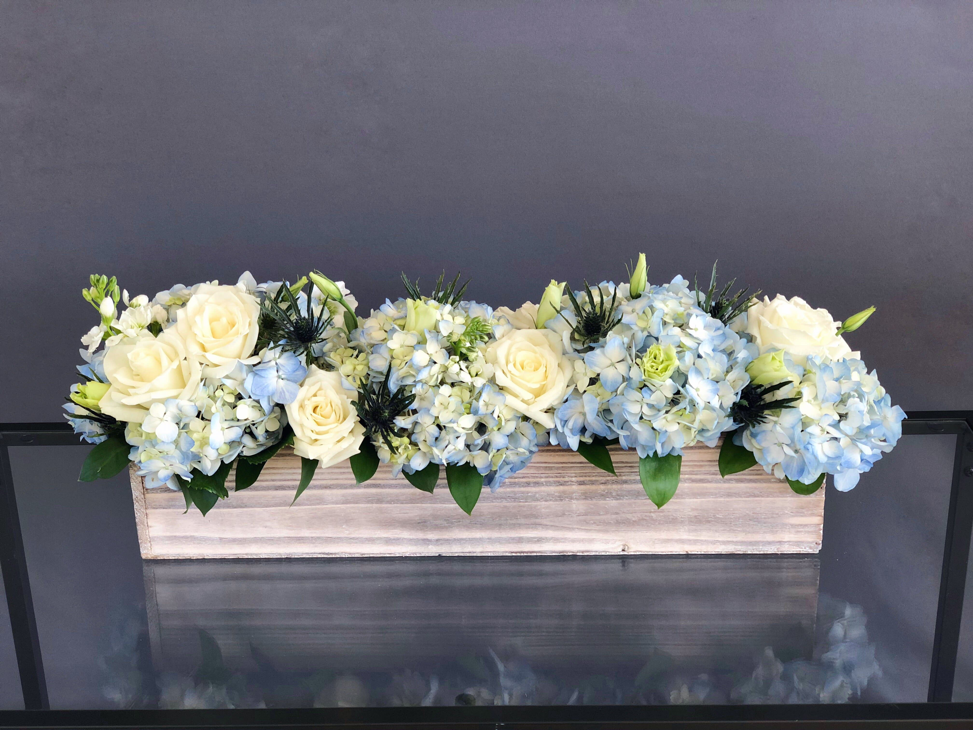 31 Long wood box arrangement White & Blue in Hallandale Beach, FL