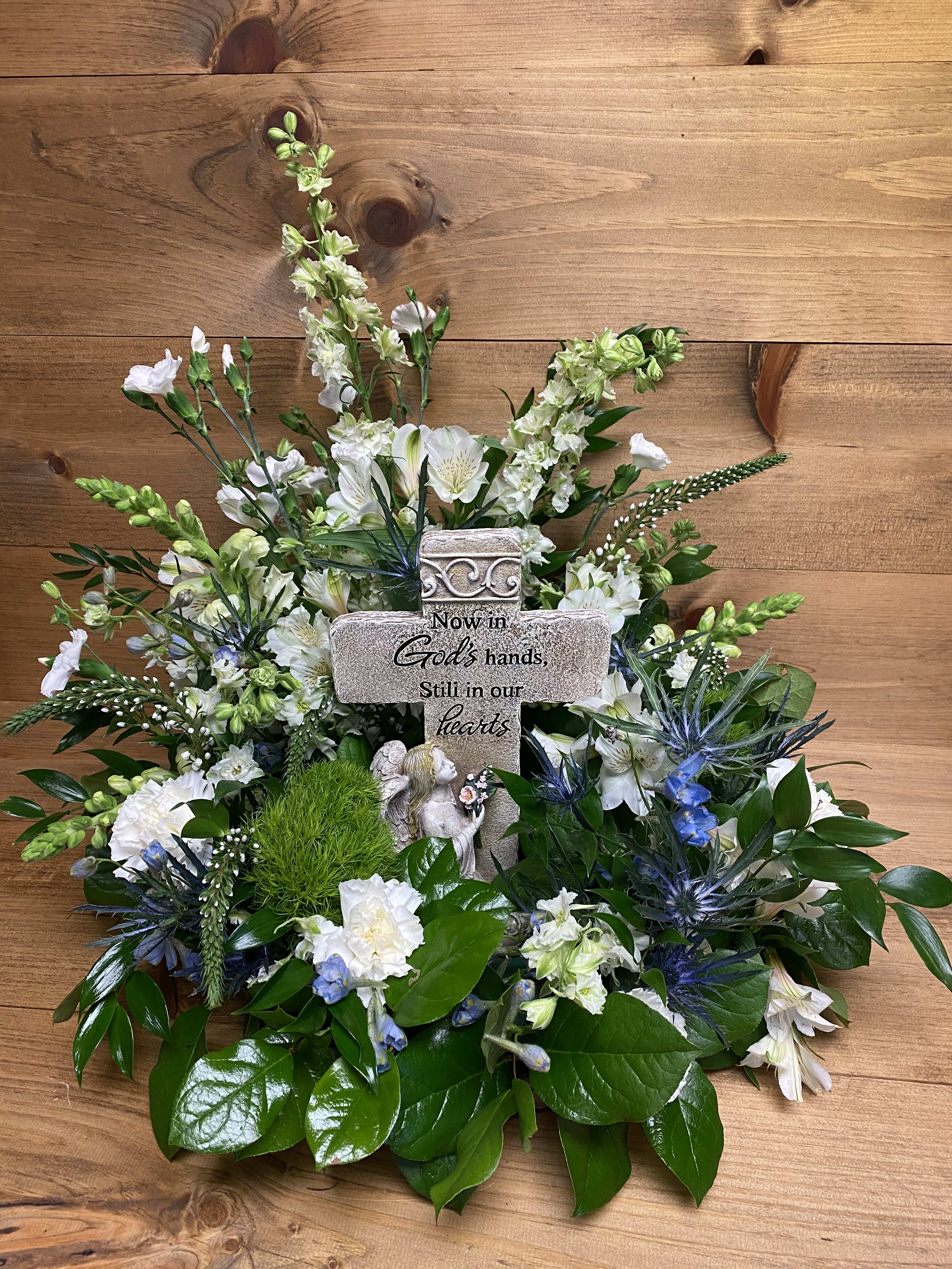 Sympathy Cross with Light Floral Arrangement in Beaver Falls, PA | The Mayflower Florist