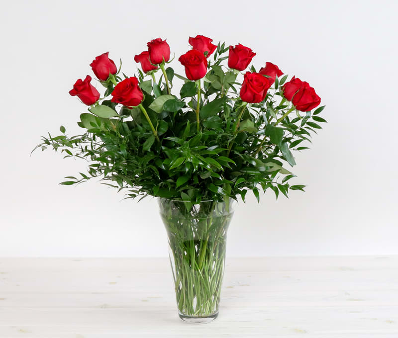 One Dozen Long Stemmed Roses In Vase By Florals By Kait