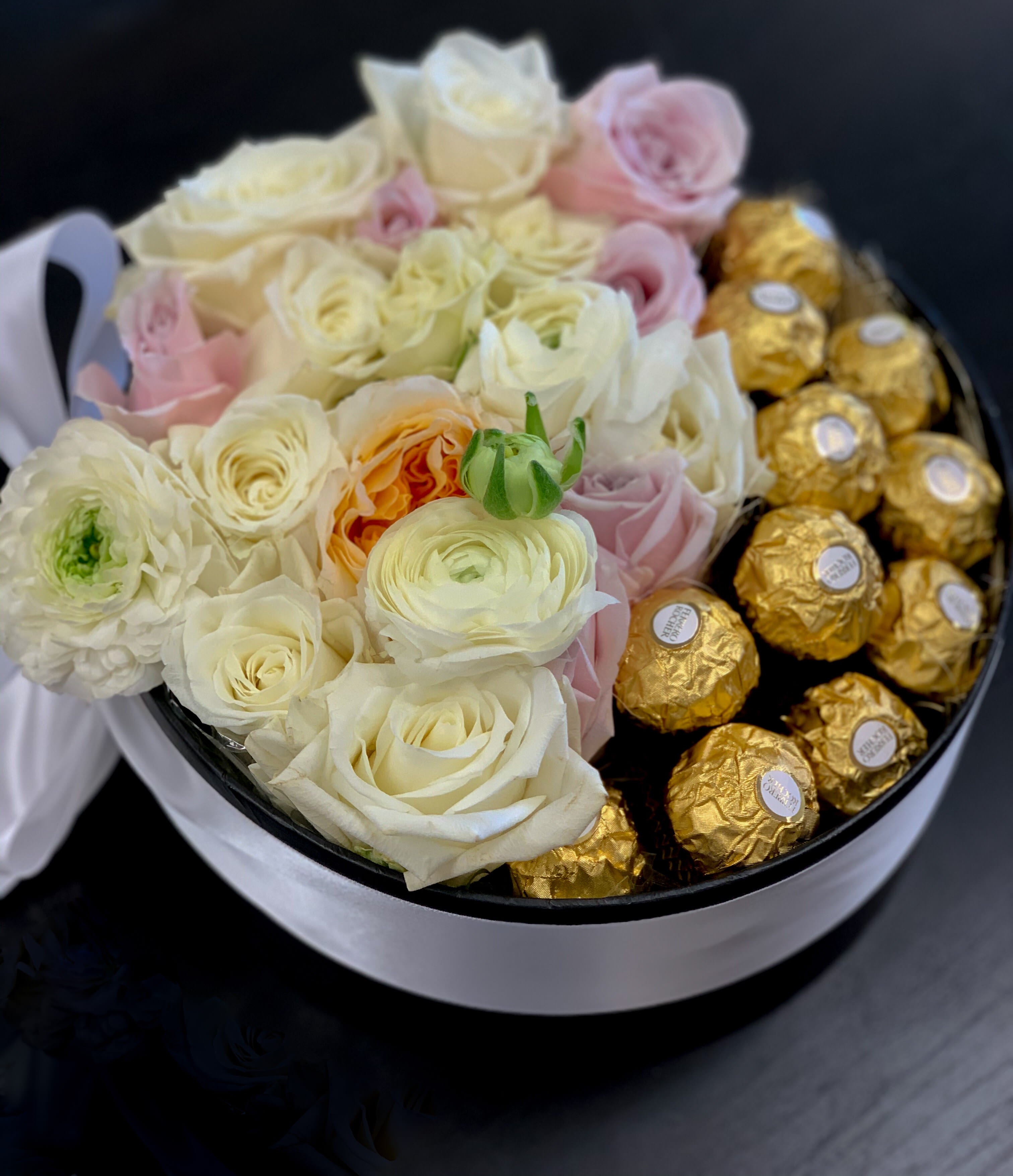 Stylish Gift Box With Fresh Flowers And Ferrero Rocher Chocolates In Miami Fl Luxury Flowers Miami