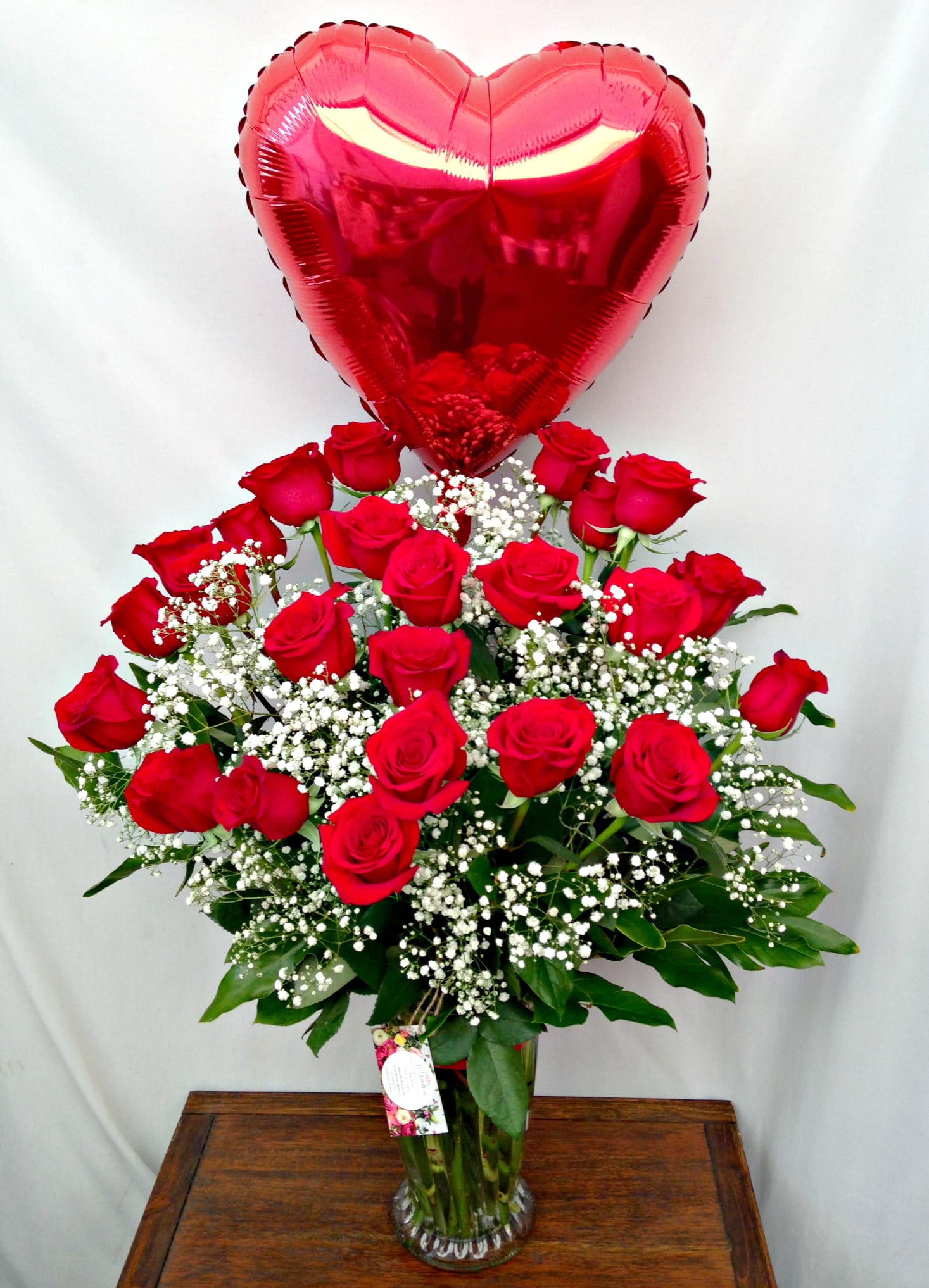 Two Dozen Premium Red Roses With Lush Accents With Red Heart