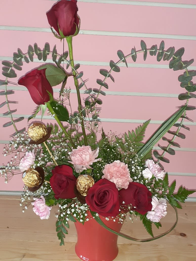 Mixed Flowers Red Roses With Heart Shape That Also Includes