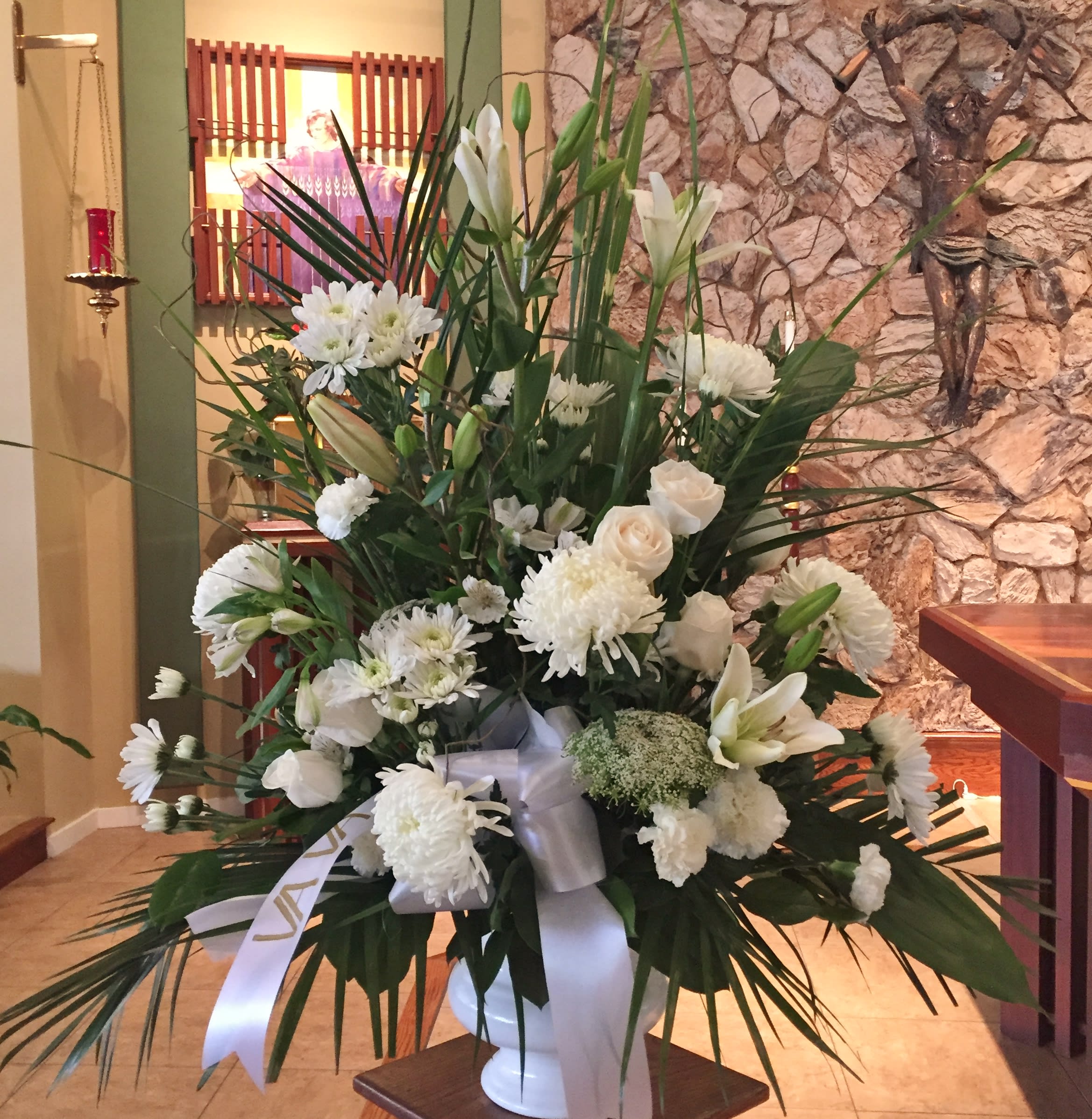 White Urn Arrangement in Concord, CA Full Bloom