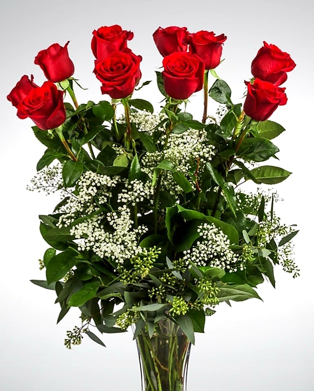 Dozen Long Stemmed Roses with Baby's Breath by BloomNation™ in La Habra