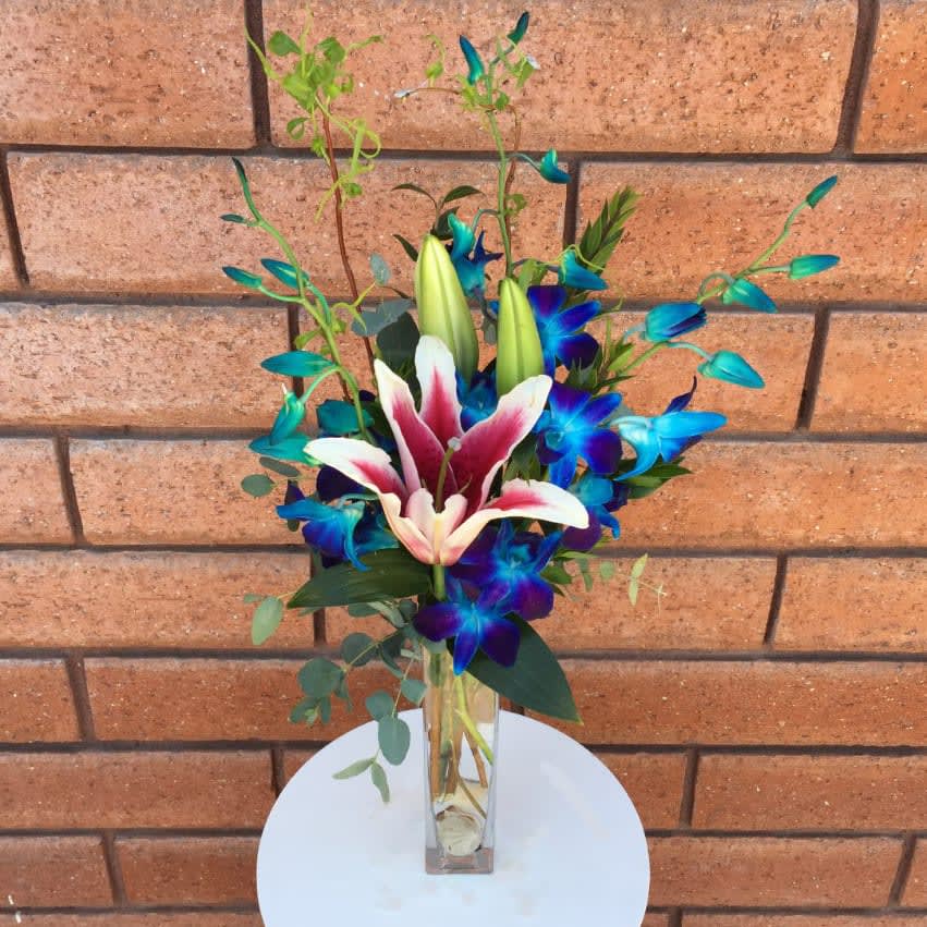 Blue Orchids and Stargazer Lily Vase in San Diego, CA ...