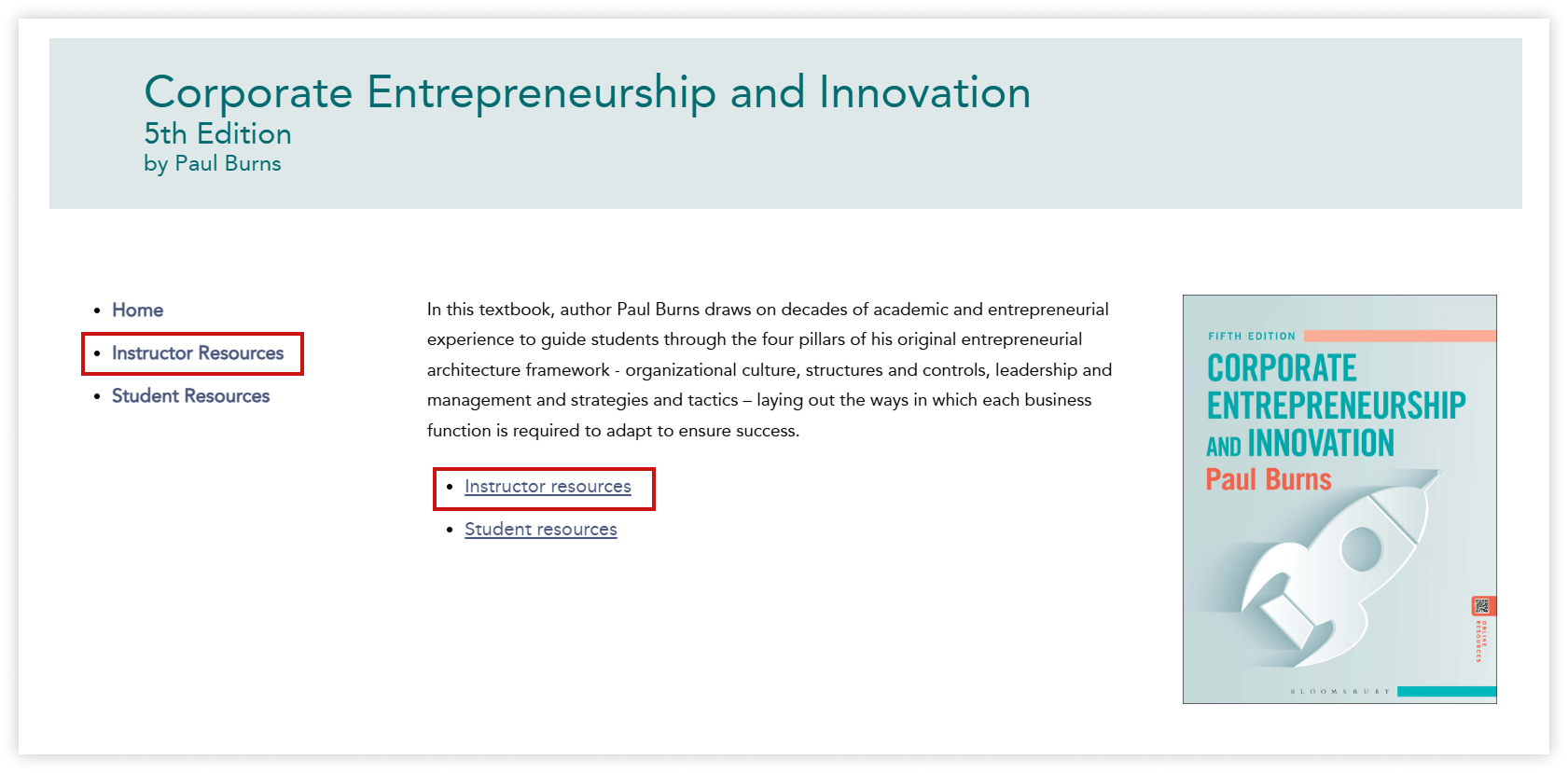 An example Online Resources page with Instructor Resources links highlighted