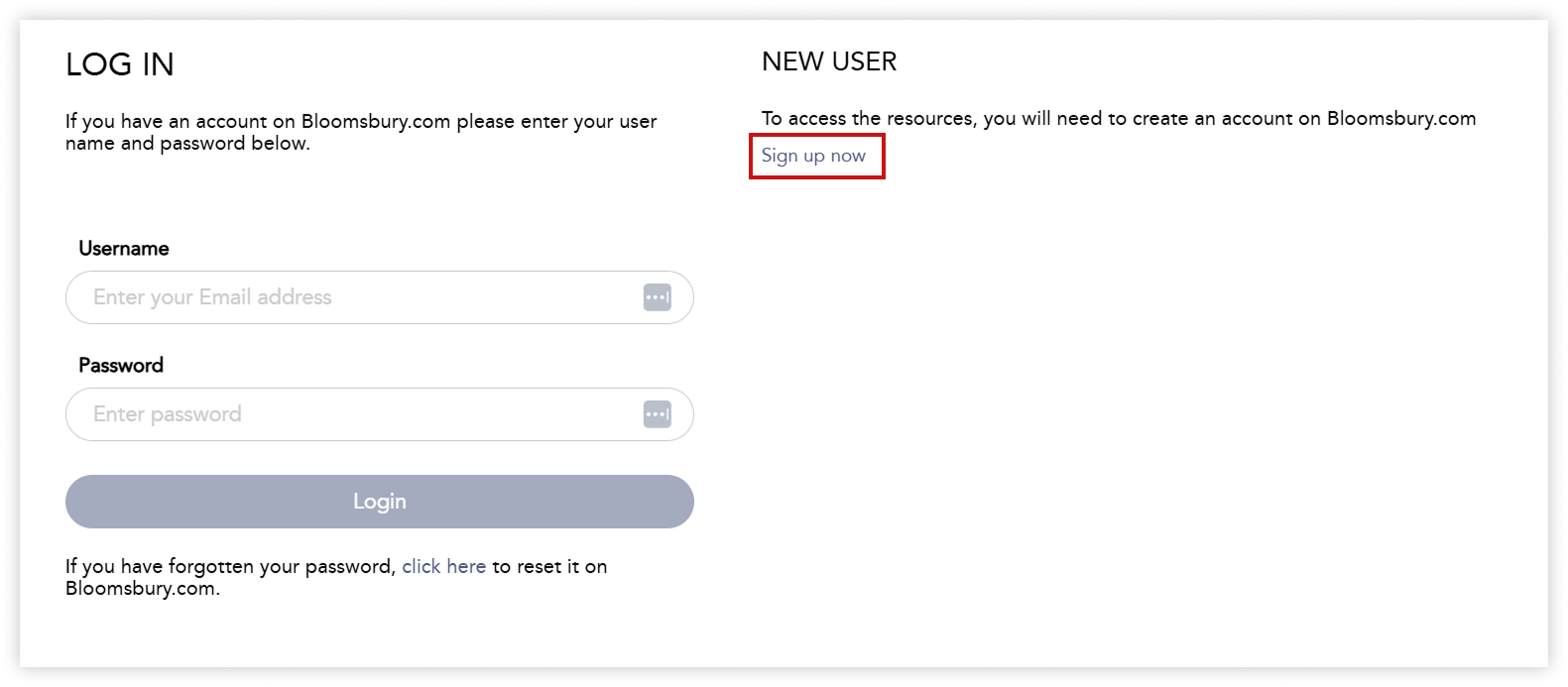 The log in/request access page. To create an account, click the Sign up now link.