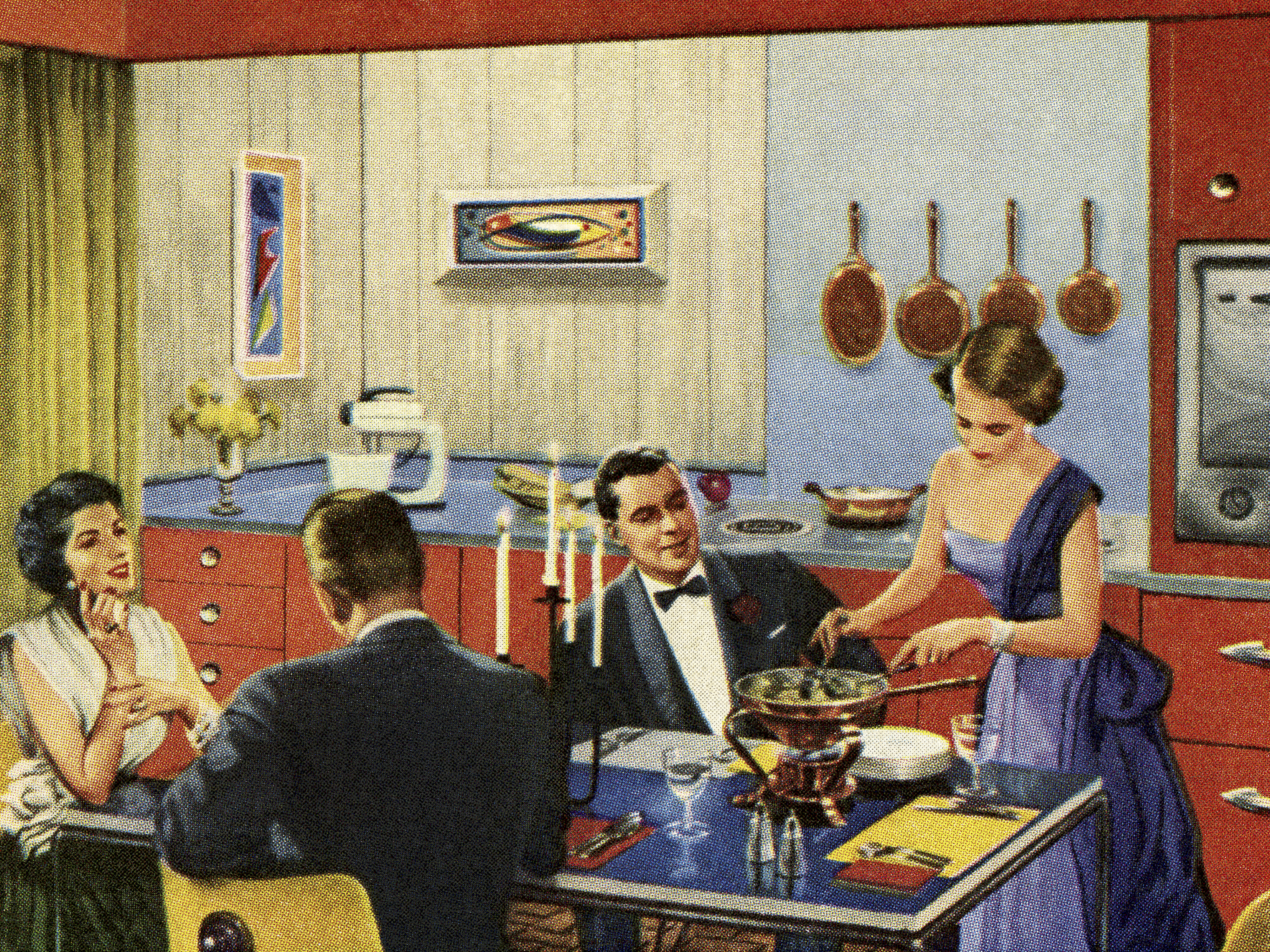 Illustration of a formal fondue dinner party