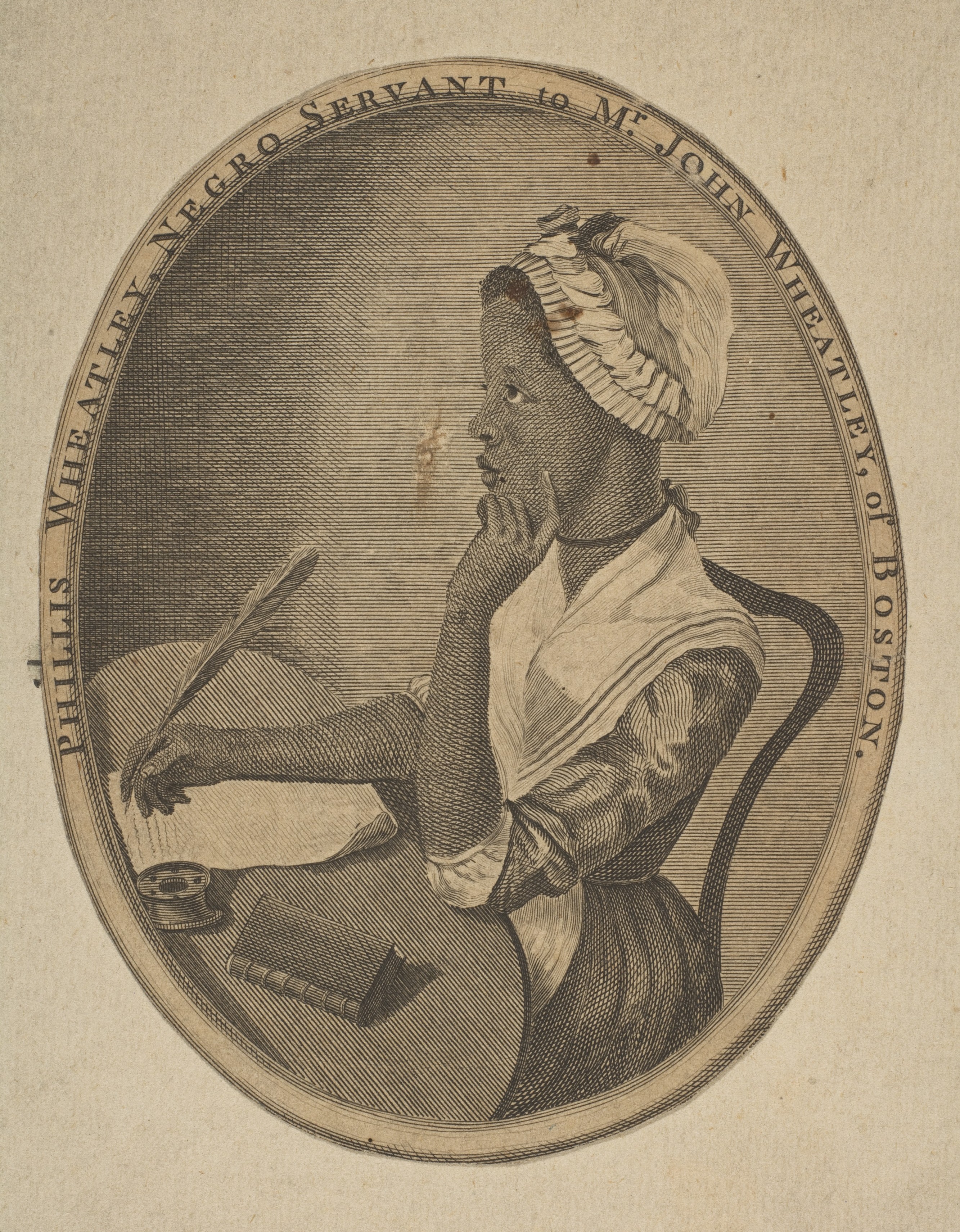 An engraved portrait of Phillis Wheatley, the first Black American enslaved woman to have her writings published. The illustration shows a woman in late 1700s western European style clothing, sitting at a table holding a quill pen, her head resting on her other hand in a pose that indicates creative thought.