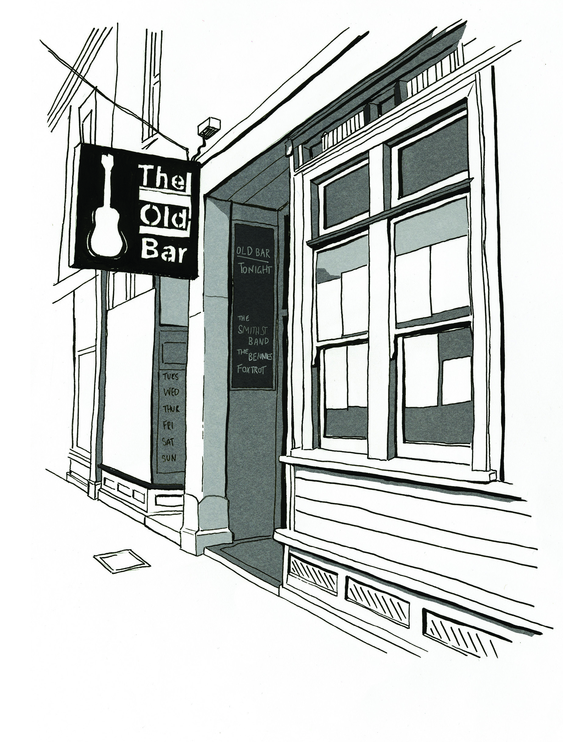 Black and white drawing showing the entrance to The Old Bar, a bar and live music venue in Melbourne, Australia. (Source: Sianne van Abkoude)