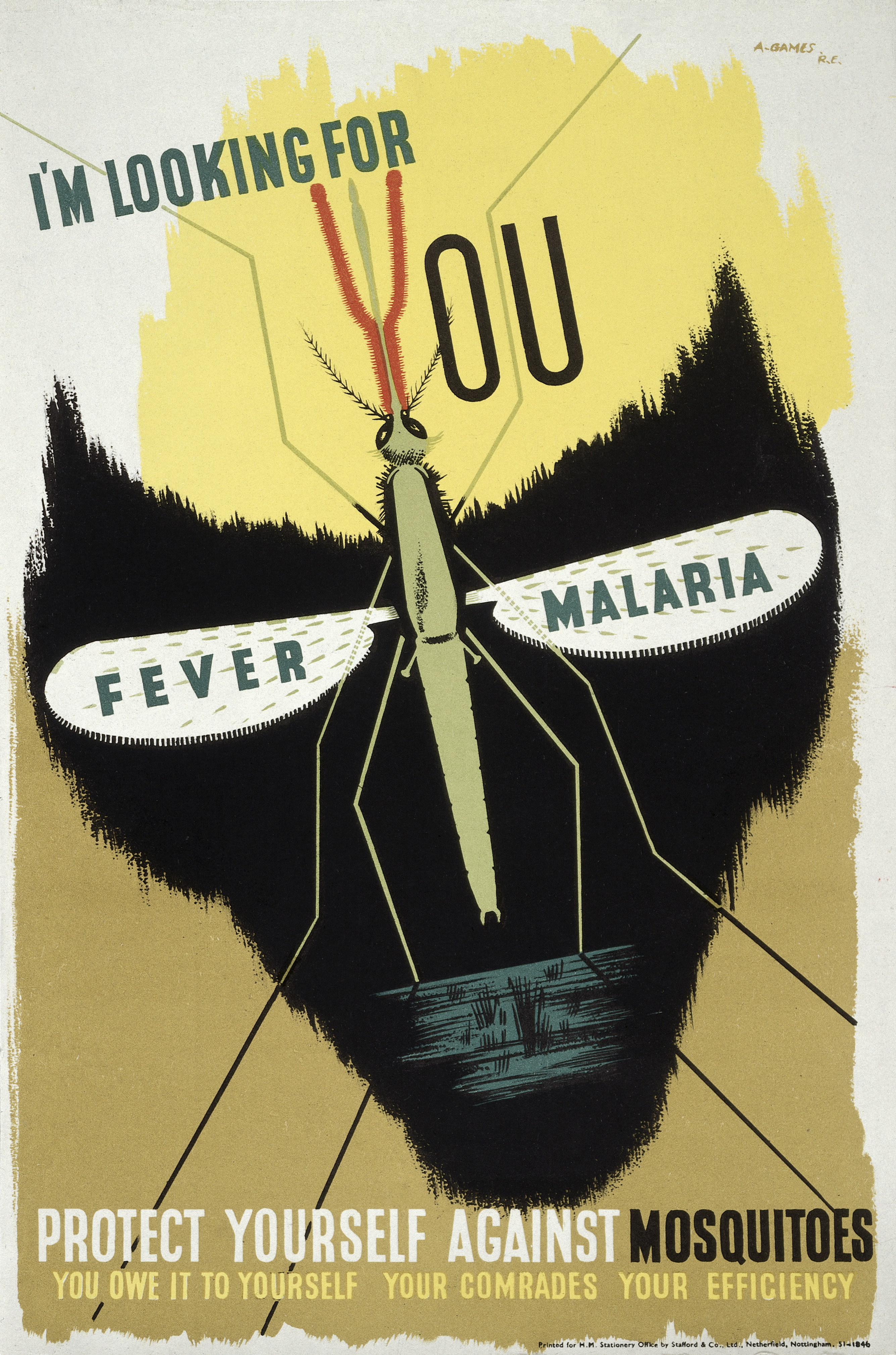 On this poster, a malaria mosquito forms the eye-sockets of a skull, representing death from malaria.