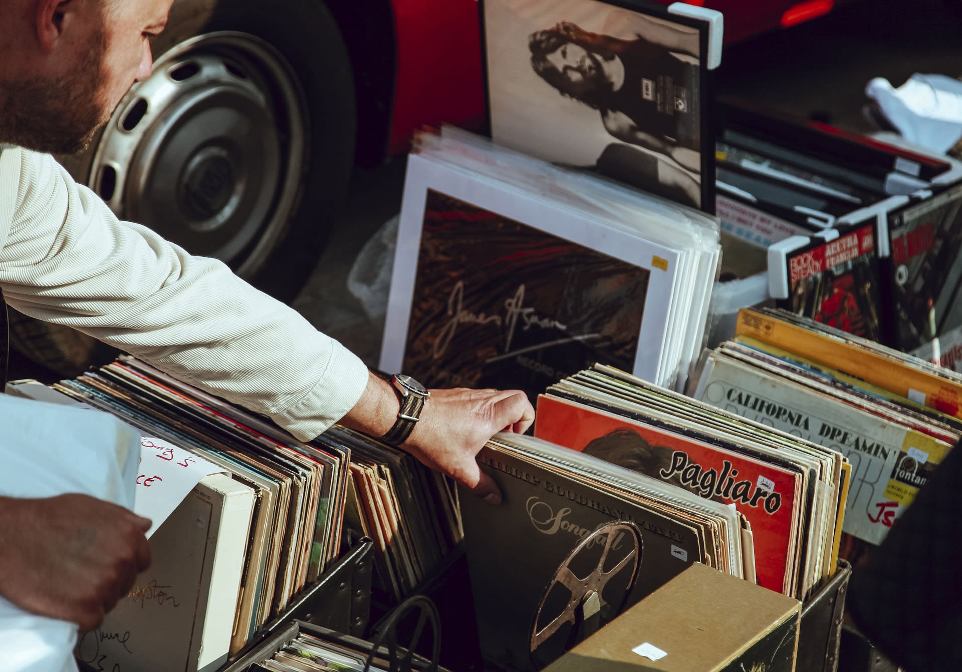 This image shows a collection of vinyls