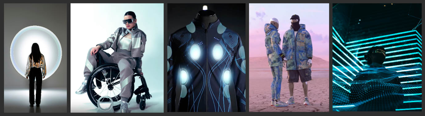 A collage showing futuristic fashion concepts