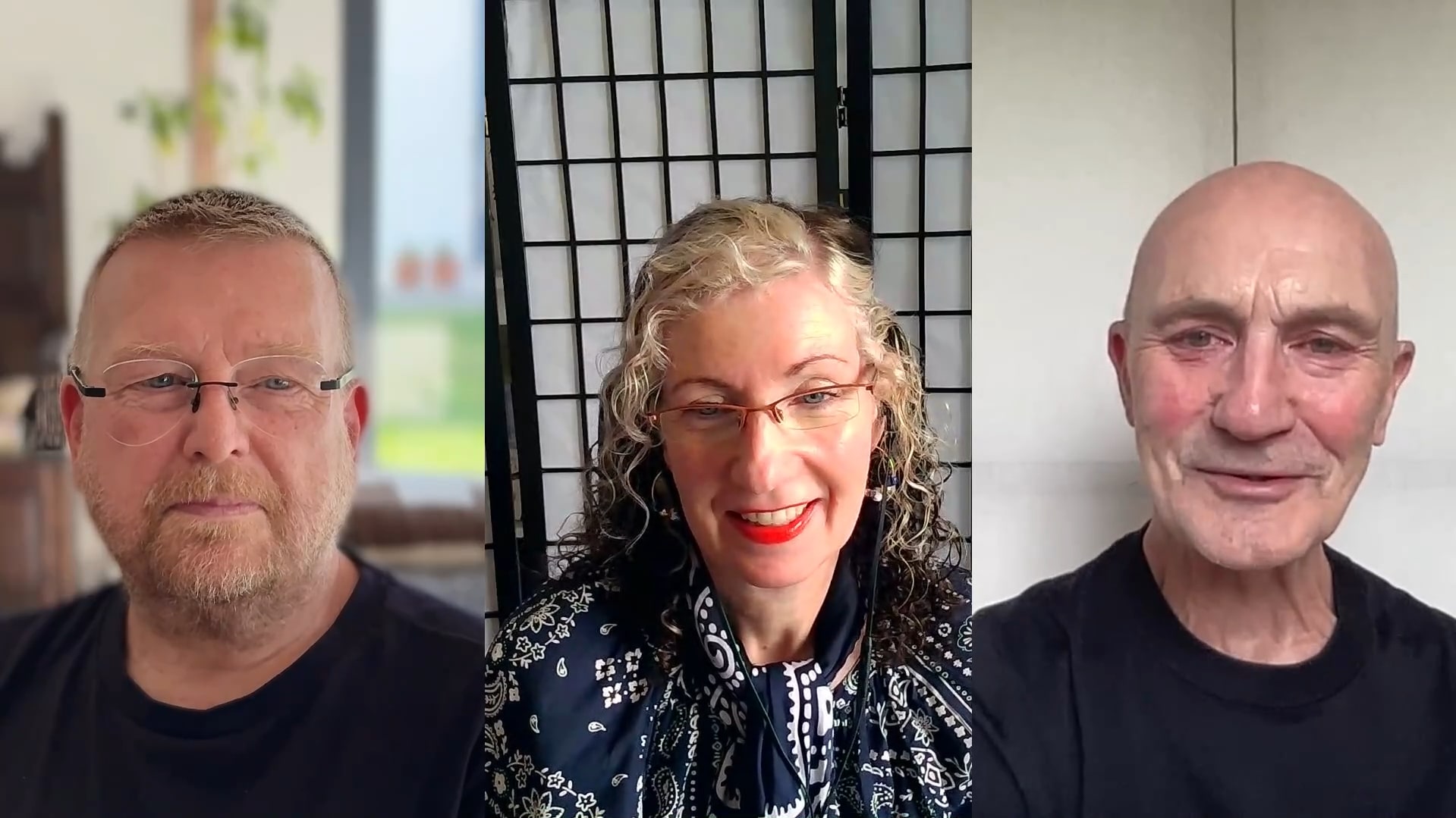 Three people in split-screen video call