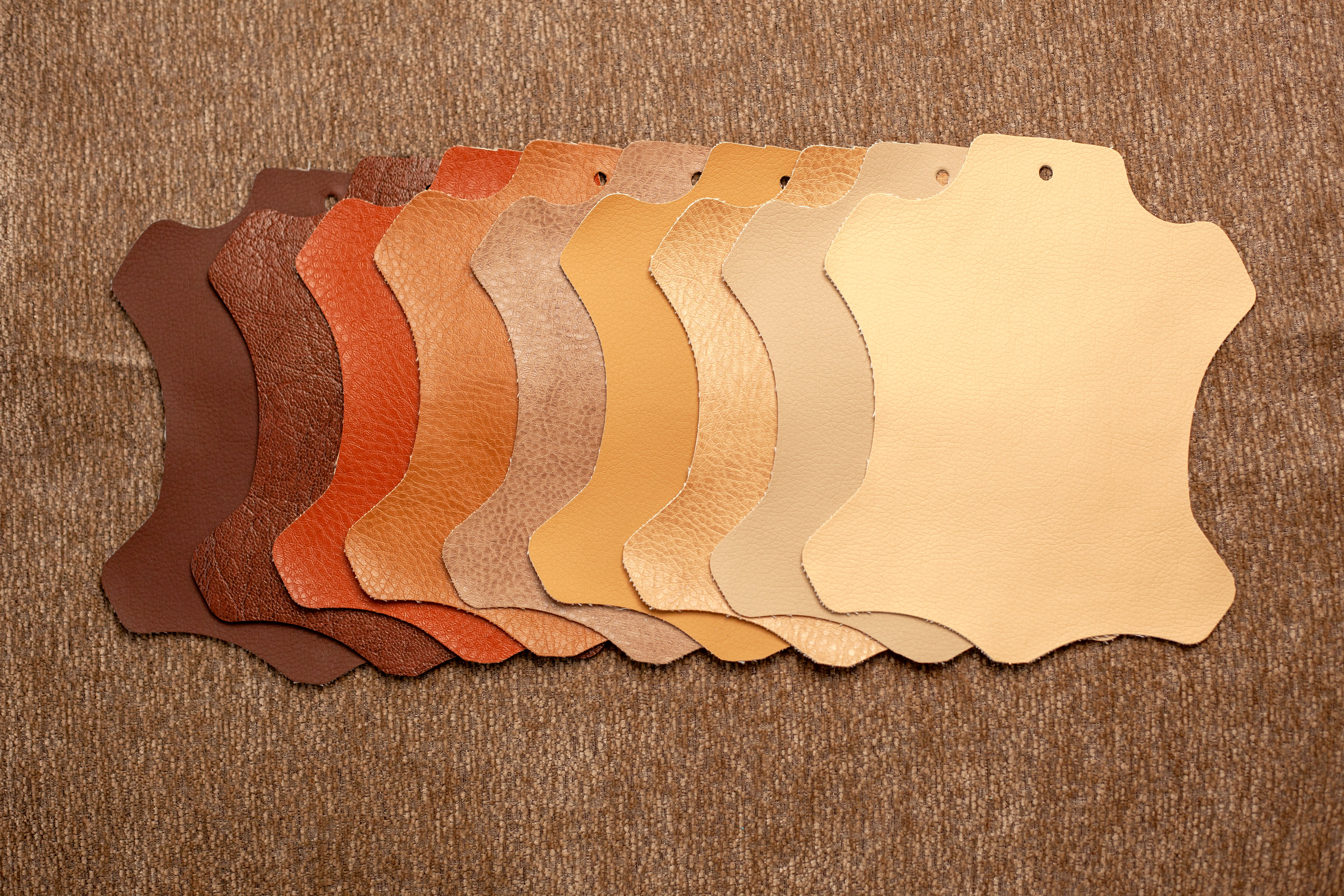 Various leather swatches in gradient shades arranged on fabric surface